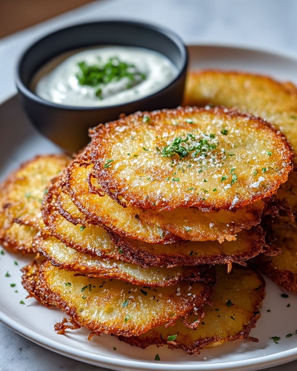 A white plate is filled with one layer of golden brown crispy potato pancakes, each having a slightly rough texture with visible cooked edges and sprinkled green herb bits on top. Next to the stack is a small black bowl of white creamy sour cream garnished with chopped green parsley. The plate sits on a white marbled surface with soft natural light highlighting the crispy edges and creamy texture. photo taken with an iphone --ar 4:5 --v 7