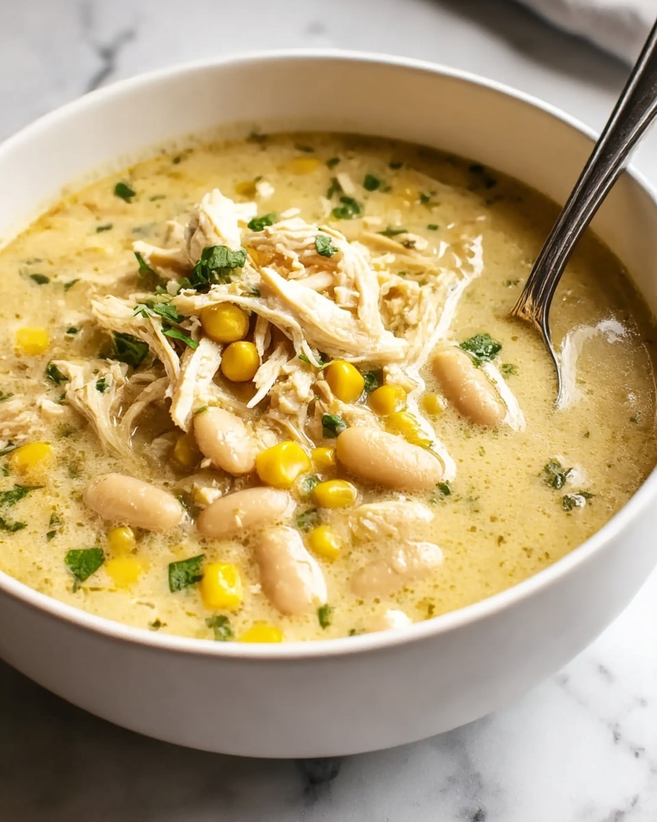 A white bowl filled with creamy soup containing several layers of ingredients is shown. The top layer has shredded light brown chicken mixed with small yellow corn kernels and light beige beans, all floating in a thick, pale yellow broth. There are bits of green herbs sprinkled throughout the soup, adding some color contrast. A silver spoon is partially dipped into the soup on the right side. The bowl sits on a white marbled surface with a blurred background. photo taken with an iphone --ar 4:5 --v 7