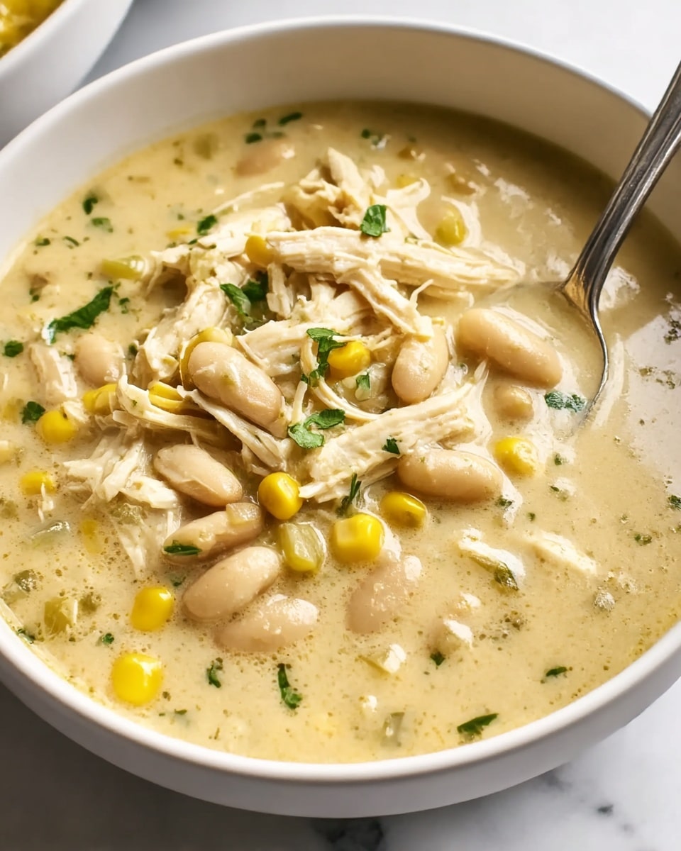 A close-up view of a creamy soup served in a white bowl filled almost to the top, with visible layers including shredded light brown chicken pieces, yellow corn kernels, white beans, and small bits of green herbs and celery mixed throughout the rich light beige broth that has a slightly thick texture, with a silver spoon partially submerged on the right side, all placed on a white marbled surface photo taken with an iphone --ar 4:5 --v 7