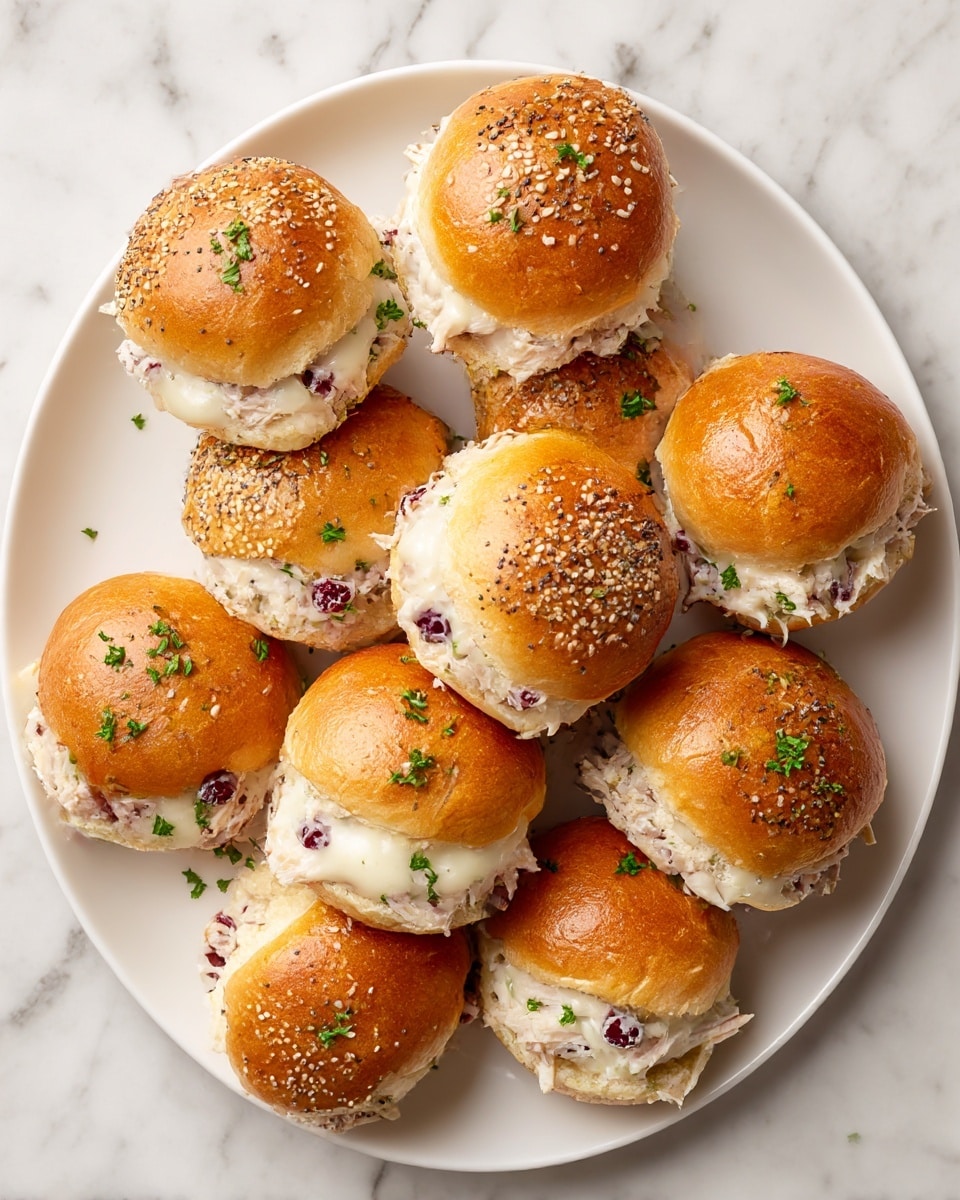 Four small sandwiches are shown on a white plate against a white marbled background. Each sandwich has three layers: the bottom layer is a soft, light golden brown bread roll with a slightly toasted edge; the middle layer consists of shredded turkey mixed with dark red cranberry sauce that drips slightly off the edges; on top of the turkey and cranberry sauce is a melted slice of creamy white cheese. The top layer is a shiny, golden brown bread roll sprinkled with coarse salt, black pepper, and small green herb pieces. The image is close up, showing texture and fresh details. photo taken with an iphone --ar 4:5 --v 7