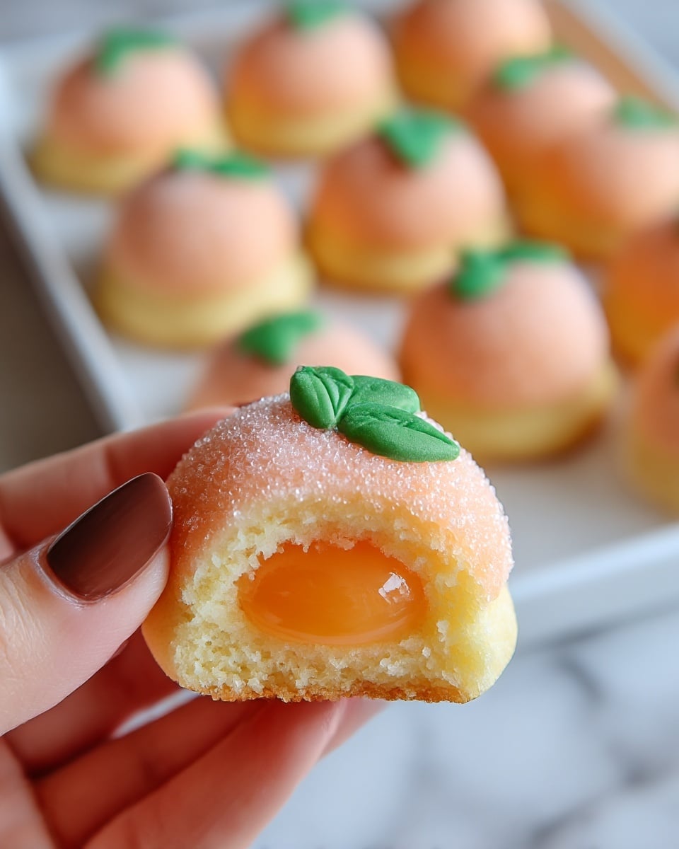 A small round peach-shaped cookie is being held by a woman's hand with brown nail polish. The cookie has three visible layers: the bottom layer is a light golden, soft cake-like base, the middle layer reveals a smooth, shiny orange jelly filling that looks juicy, and the top layer is a peach-colored dome coated with sparkling sugar crystals and decorated with two small green leaves made from fondant. In the background, more of these peach cookies are arranged on a white tray placed on a white marbled surface. photo taken with an iphone --ar 4:5 --v 7