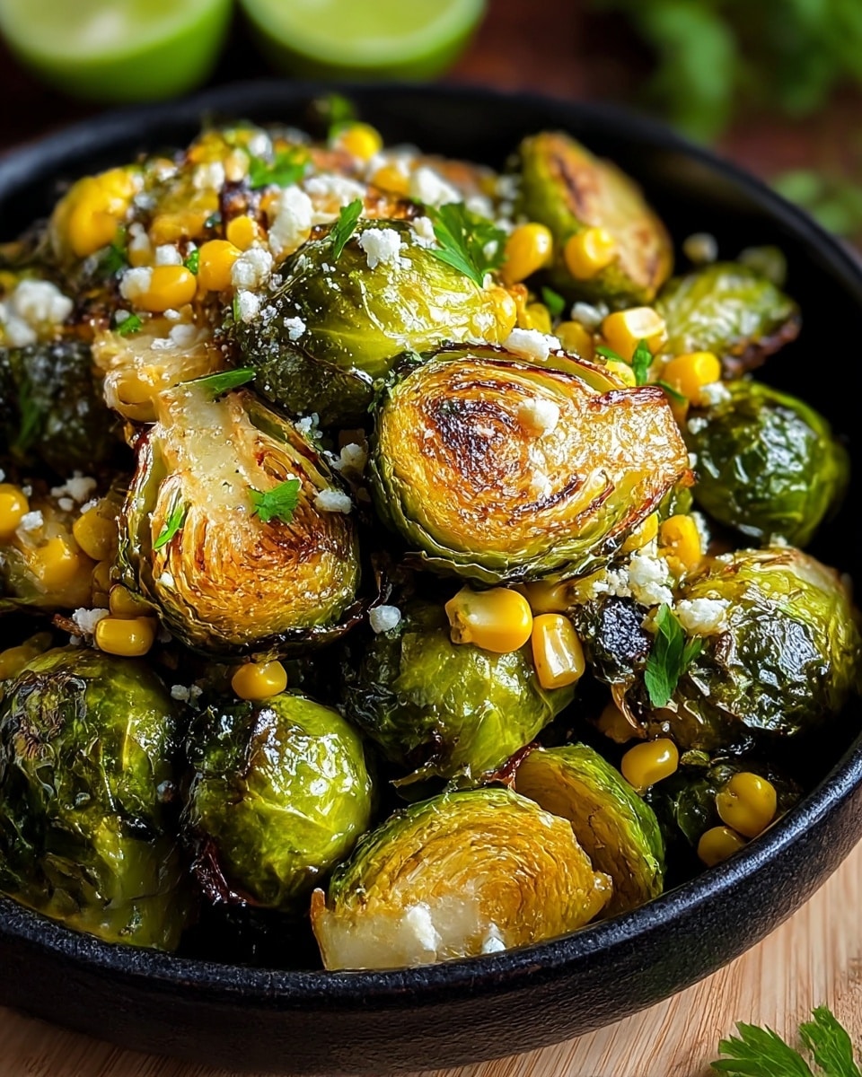 A close-up view of a black bowl filled with roasted Brussels sprouts, some halved showing a golden-brown, slightly charred interior with layers of green and light yellow leaves. Scattered bright yellow corn kernels and small bits of white cheese are sprinkled evenly on top, with tiny pieces of fresh green parsley adding color contrast. The bowl sits on a light wooden surface, with a blurred background hinting at lime halves. The greens are glossy, and the textures range from crisp edges to soft melted cheese. Photo taken with an iphone --ar 4:5 --v 7