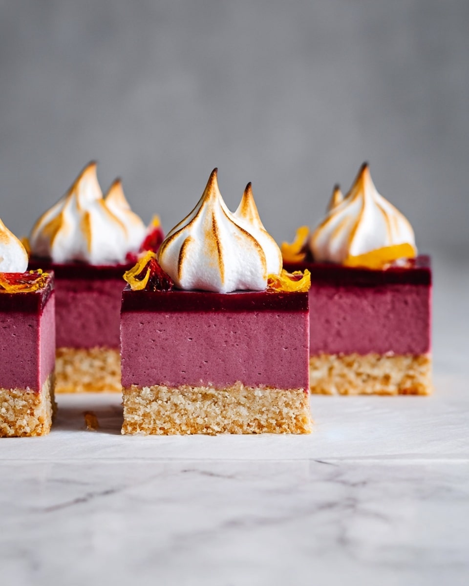 Three rectangular dessert bars are neatly lined up on a sheet of parchment paper over a white marbled surface. Each dessert has two visible layers: a bottom crumbly beige crust layer and a thick, smooth, dark pink layer above it. On top of the pink layer, there are three toasted white meringue dollops on each bar, with golden-brown peaks that add texture. Small pieces of bright yellow citrus peel and thin slices of a red fruit are scattered around the meringue on the surface of the bars. The background is plain and gray, making the desserts stand out clearly. photo taken with an iphone --ar 4:5 --v 7