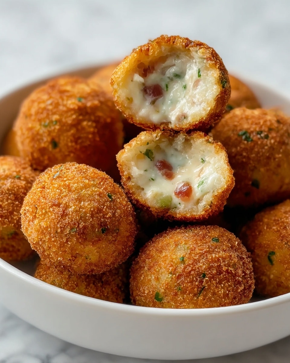 A white bowl filled with round, crispy fried balls that have a golden brown, crunchy outer layer with visible small green herb bits. One ball is cut open and resting on top, showing a creamy white inside mixed with small red and green vegetable pieces. The texture of the inside looks soft and smooth, contrasting with the coarse, crispy exterior. The bowl is placed on a white marbled texture. photo taken with an iphone --ar 4:5 --v 7