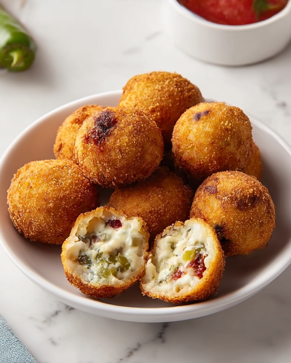 A white bowl holds eight round, golden-brown fried balls with a crunchy texture, some showing darker spots from frying. Two balls are cut open to reveal a creamy, white filling mixed with pieces of green, red, and darker ingredients, giving a soft contrast inside the crisp outside shell. The bowl sits on a white marbled surface, and in the background, there is a partial view of a white bowl with red sauce and a green pepper. photo taken with an iphone --ar 4:5 --v 7