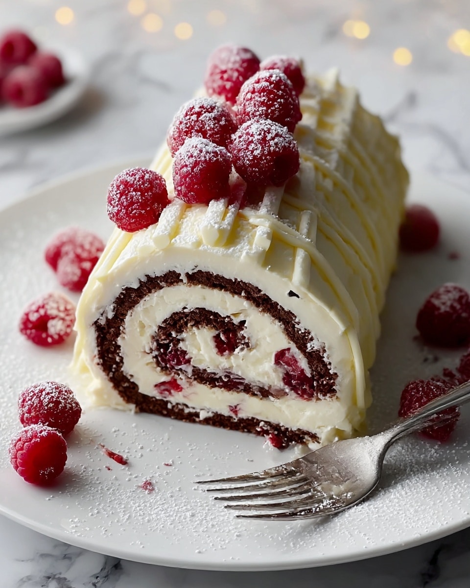 A white rolled cake is shown on a white plate, with three layers visible inside: a thin dark brown cake layer spiraled and filled with thick white cream, mixed with bright red raspberry pieces. The outside is covered with more white cream, decorated with thick wavy strips of white chocolate. The cake is topped with fresh red raspberries dusted with white powdered sugar, with some raspberries scattered around the plate. A silver fork lies on the plate next to the cake, with touches of powdered sugar and cream. The surface beneath the plate features a white marbled texture. photo taken with an iphone --ar 4:5 --v 7