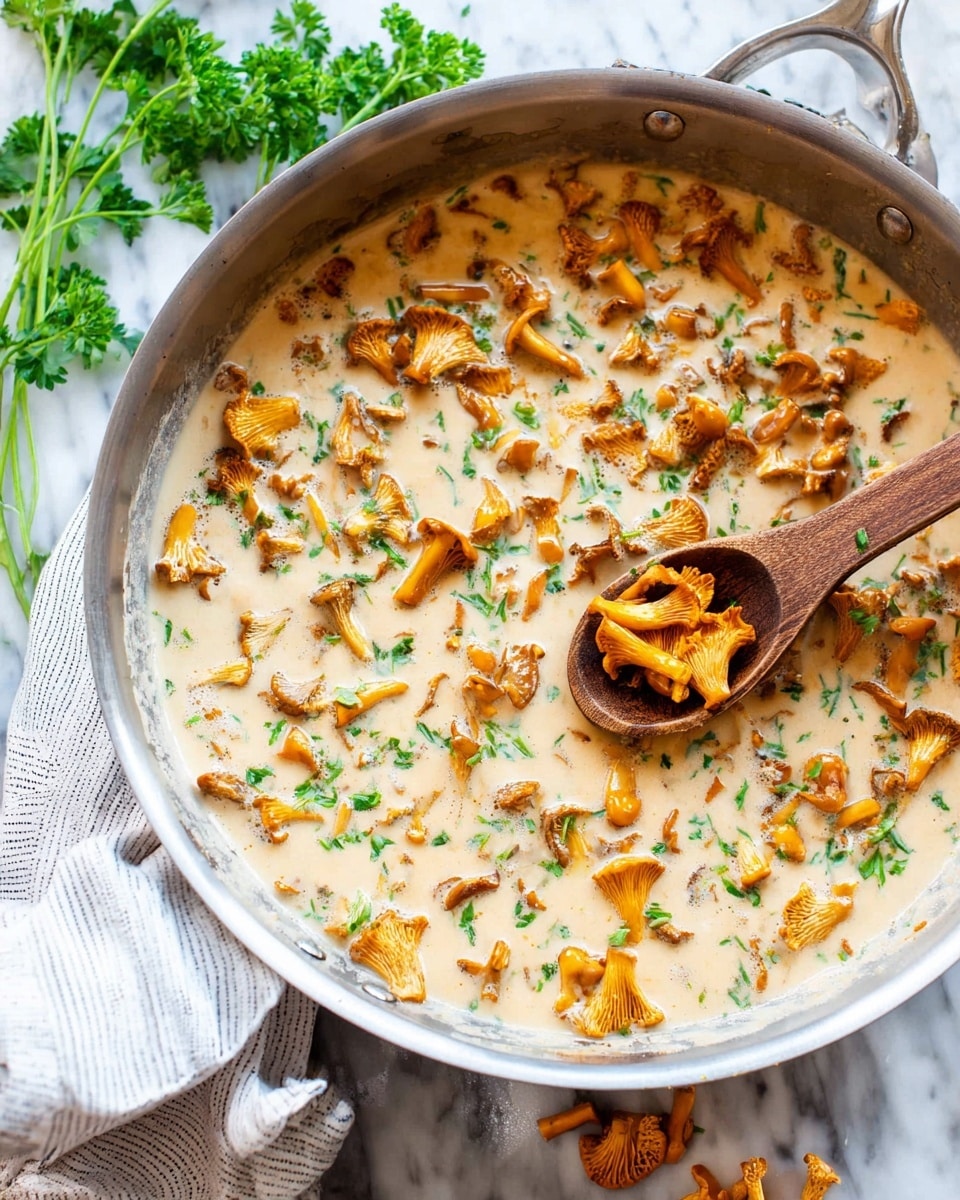 A pan filled with a creamy light beige sauce mixed with small to medium-sized golden brown chanterelle mushrooms spread evenly throughout. Small bits of fresh green herbs are scattered over the surface. A wooden spoon rests in the pan, with a few mushrooms held on it. The pan sits on a white marbled surface next to some fresh green parsley sprigs and a white and gray striped cloth. Photo taken with an iphone --ar 4:5 --v 7