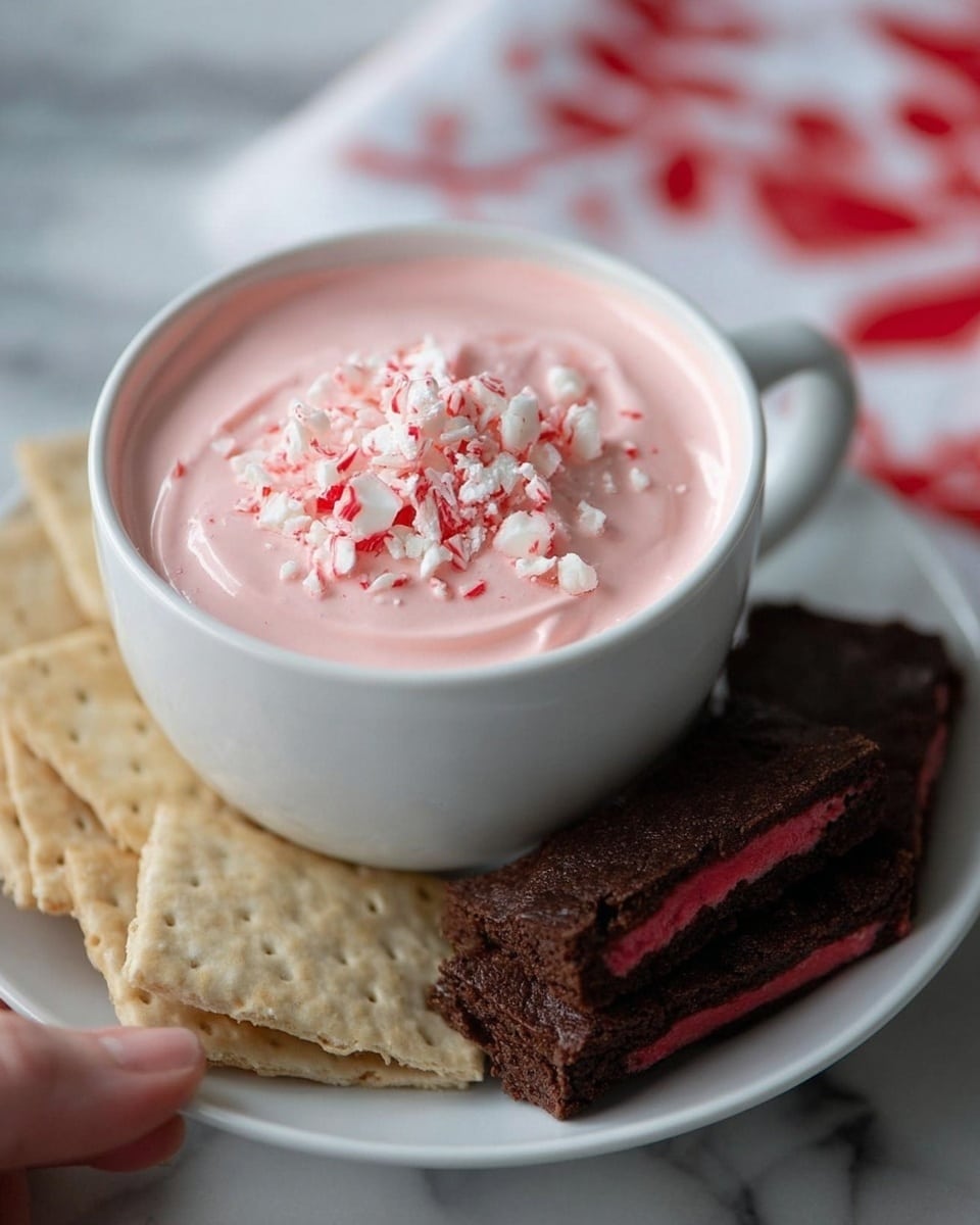A white cup filled with smooth, light pink mousse topped with small pieces of crushed white and red candy. The mousse is thick and creamy, almost reaching the rim of the cup. Next to the cup on the white plate are several square beige crackers and a pile of dark brown brownies with a red layer inside. A woman's hand is holding the edge of the plate. The background has a white marbled texture with a red and white patterned cloth partially visible. photo taken with an iphone --ar 4:5 --v 7