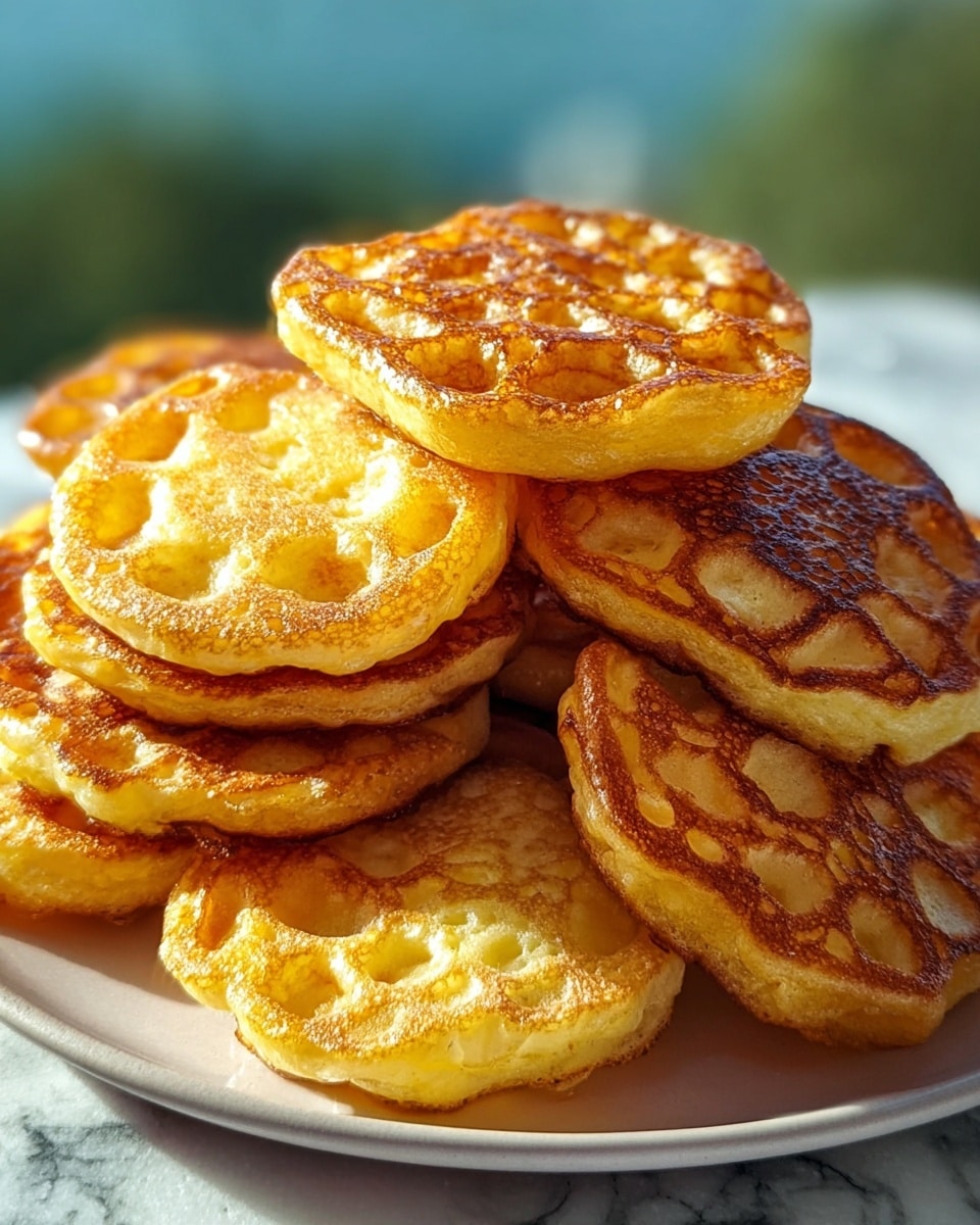 A stack of golden, round honeycomb-patterned pancakes with a crispy, slightly browned texture on a white plate, each pancake showing a hexagonal pattern with some parts more lightly cooked and others deeper golden brown, arranged in a pile that creates a sense of depth and warmth; the background is softly blurred with green and blue tones suggesting an outdoor setting on a white marbled texture. photo taken with an iphone --ar 4:5 --v 7