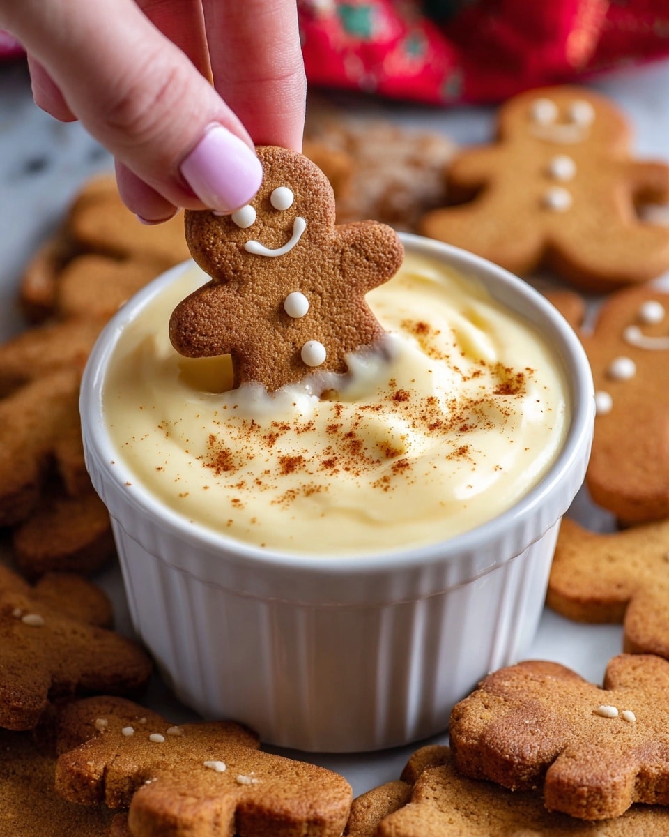 A close-up image shows a woman's hand with pale pink nail polish dipping a small gingerbread man cookie into a white bowl filled with creamy, light yellow custard sprinkled with fine brown spice flakes on top. The gingerbread cookie is light brown with a smiling face and button details etched into it. The bowl is surrounded by many more gingerbread cookies lying flat, all on a white marbled surface. Photo taken with an iphone --ar 4:5 --v 7
