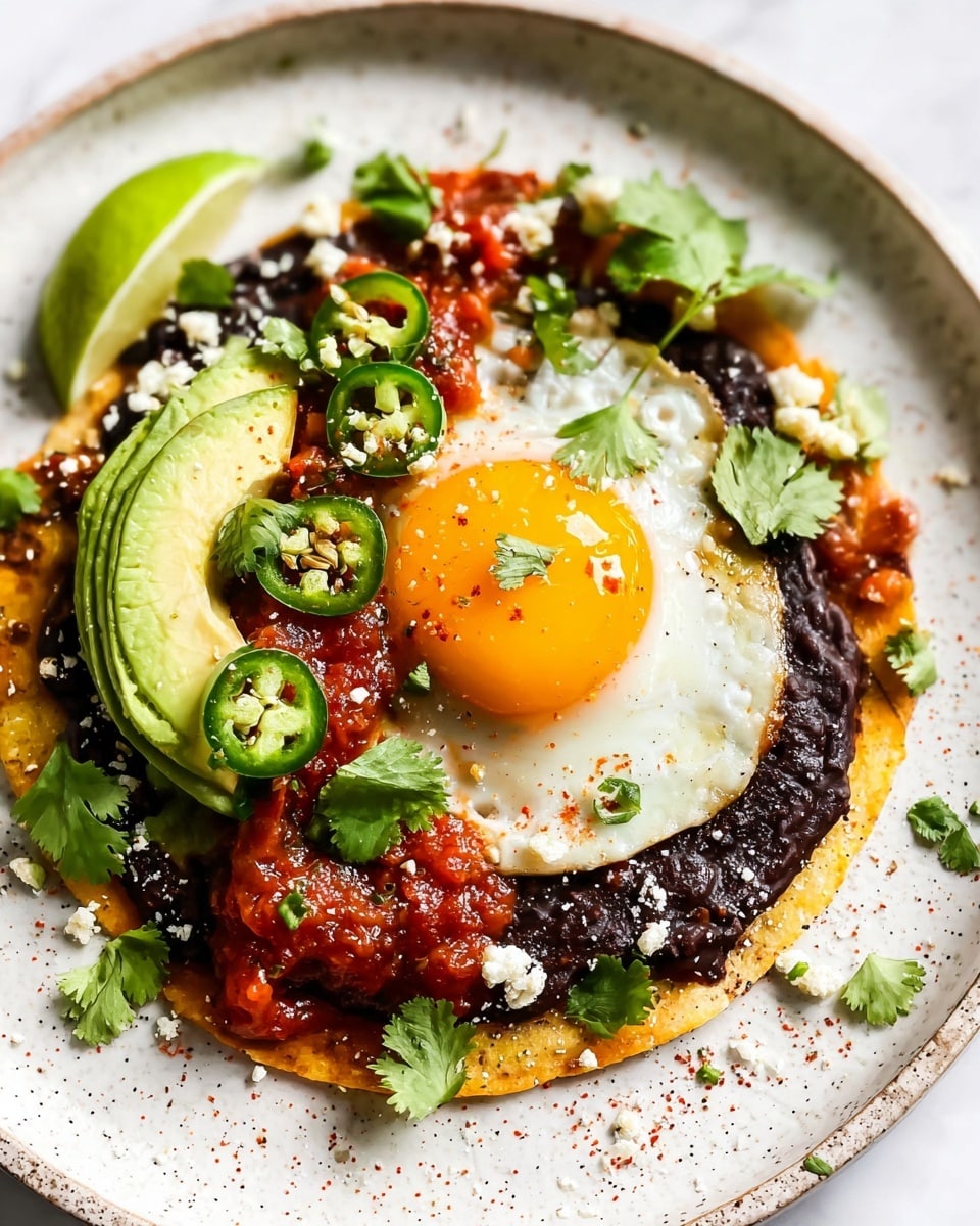 The image shows a white speckled plate with a single layered dish starting with a golden-brown crispy tortilla base. On top of the tortilla is a thick black bean spread covering it almost fully. Next, a sunny-side-up egg with a bright yellow yolk and soft white edges sits in the center. Surrounding the egg are slices of fresh green avocado and scattered chopped cilantro leaves. There are also dollops of red salsa with chunks, and slices of green jalapeño peppers placed on the salsa and beans. A wedge of lime is placed near the top edge of the plate. The dish is garnished with bits of white cheese and pepper flakes, all set on a white marbled texture surface. Photo taken with an iphone --ar 4:5 --v 7