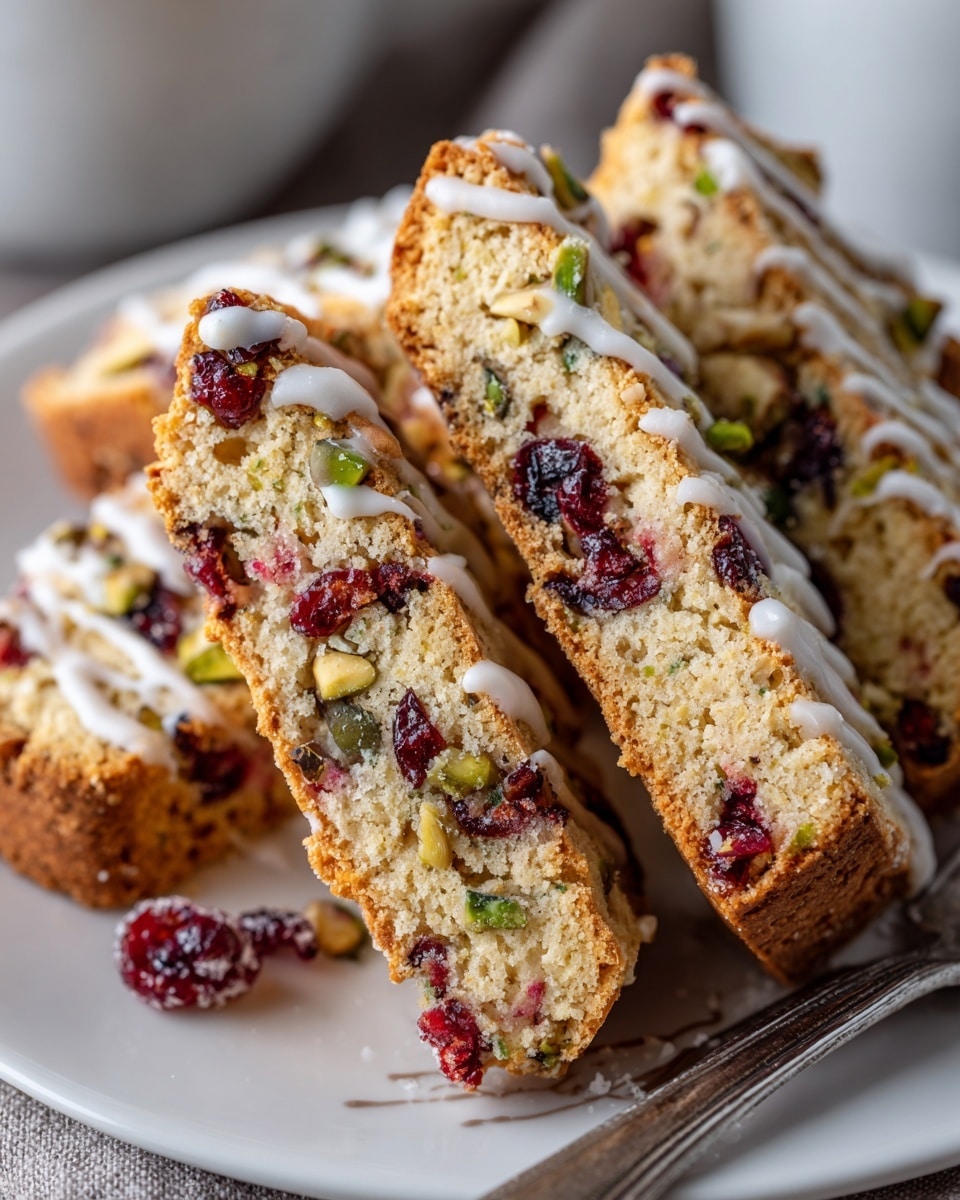 The image shows several thick biscotti pieces stacked closely on a white plate, all topped with chopped green pistachios and red cranberries embedded throughout the golden-brown cookie. Each biscotti slice has a crumbly texture with visible crunchy nuts and dried fruit inside. White icing is drizzled neatly across the top of each piece, adding a smooth contrast to the rough texture of the biscotti. The background is softly blurred with a neutral tone, and a silver fork rests on the right edge of the plate. photo taken with an iphone --ar 4:5 --v 7