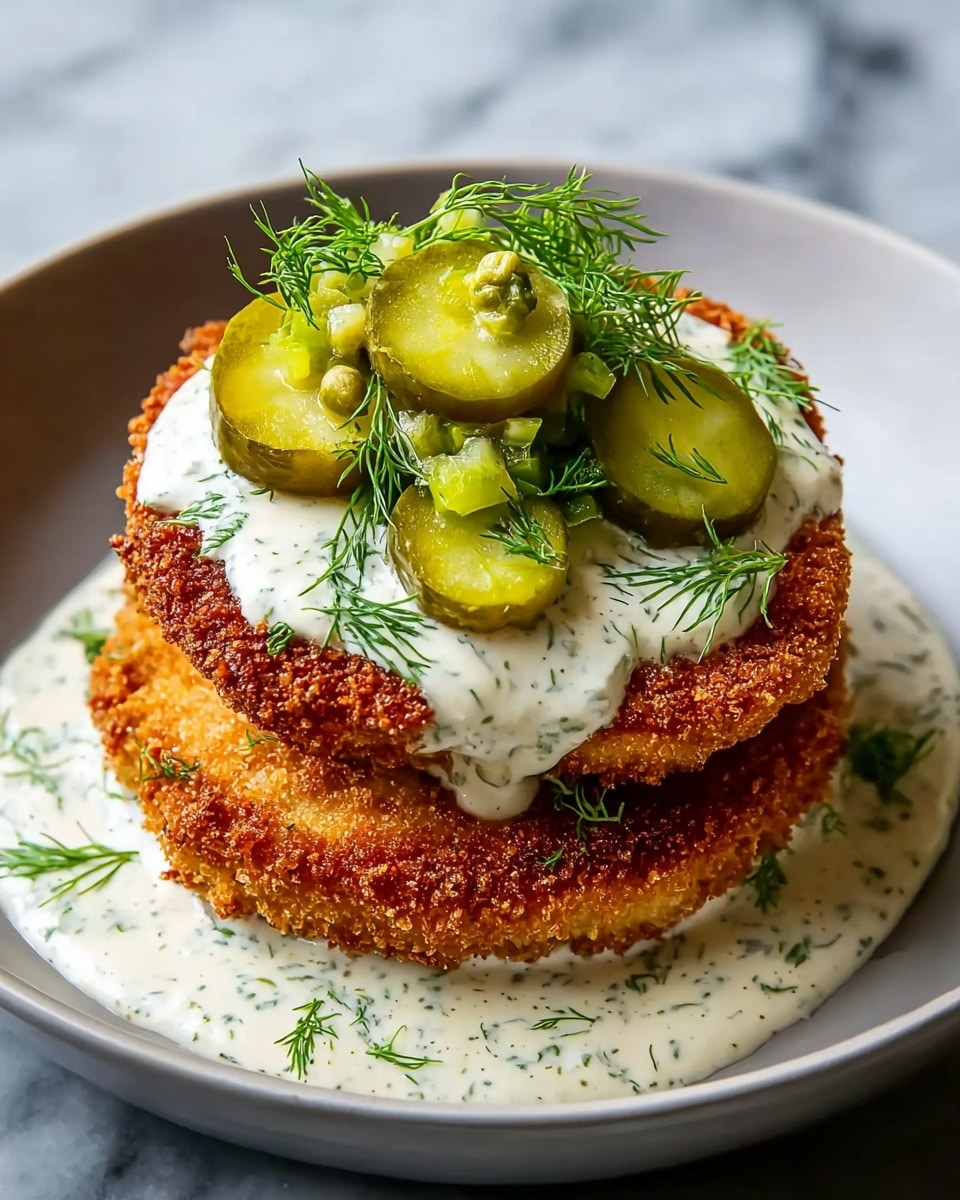 A dish featuring two layers of crispy golden-brown fried patties stacked on a white plate, topped with a thick drizzle of creamy white sauce speckled with green herbs. On top of the sauce, there are three thick, round green pickle slices arranged in a small pile, along with small diced pickles scattered around. Fresh green dill sprigs garnish both the top of the stack and the plate around it, all set on a surface with a white marbled texture. Photo taken with an iphone --ar 4:5 --v 7