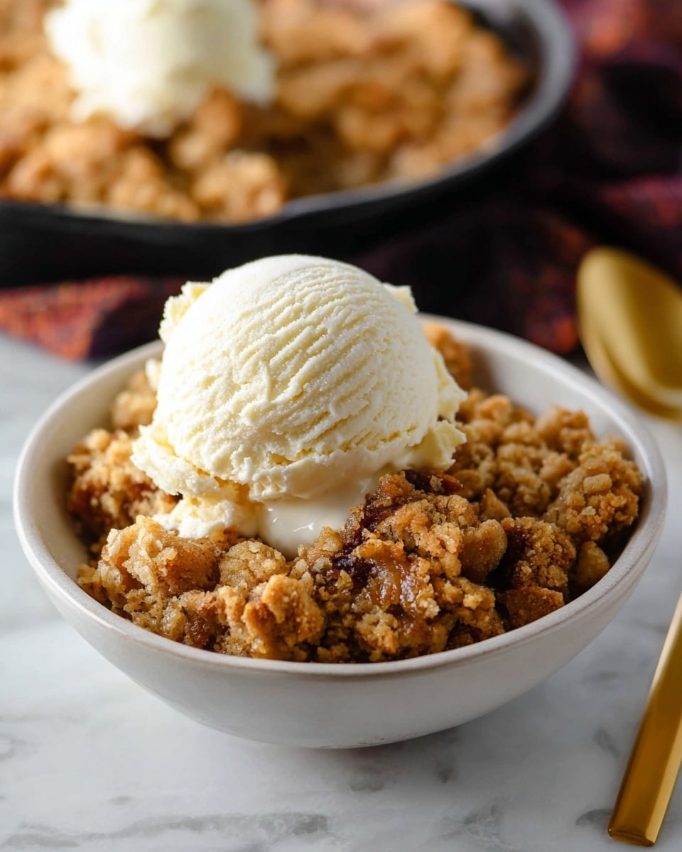 A white bowl filled with a crumbly, golden-brown dessert that looks soft and textured with bits of darker brown mixed in, topped with a smooth, creamy scoop of pale vanilla ice cream that has soft ridges from scooping. In the background, another similar dessert and ice cream serving is slightly out of focus, placed on a white marbled surface. A gold spoon rests nearby adding a touch of warmth to the scene. photo taken with an iphone --ar 4:5 --v 7