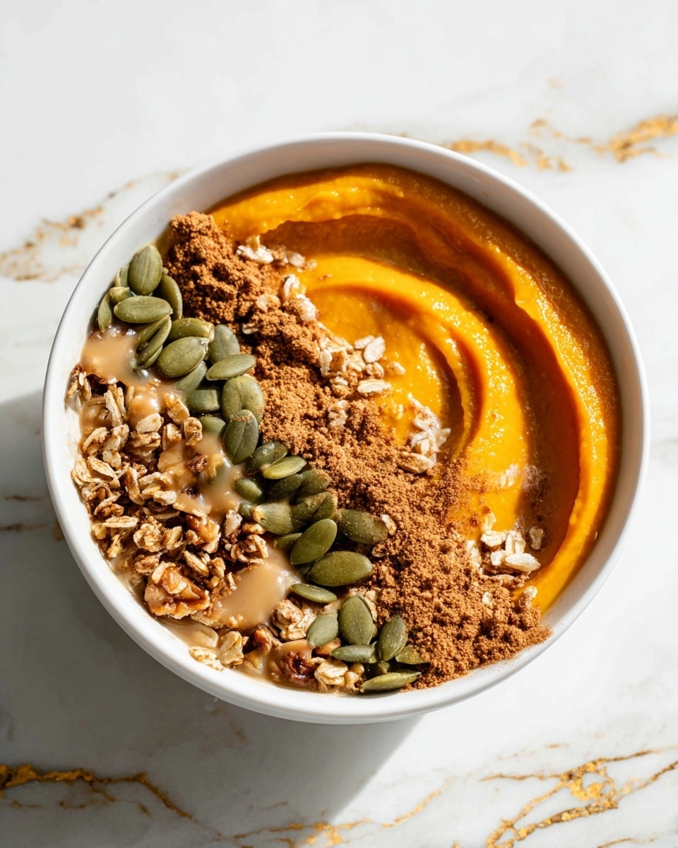 A white bowl filled with three main layers: one side has bright orange smooth pumpkin puree with a textured swirl on top, next to it is a row of green pumpkin seeds, followed by a layer of golden brown granola with walnut pieces. There is a light brown drizzle of sauce winding diagonally across the bowl, partially covering some pumpkin seeds, and a dusting of brown cinnamon powder between the seeds and puree. The bowl sits on a white marbled surface with subtle gold streaks. photo taken with an iphone --ar 4:5 --v 7