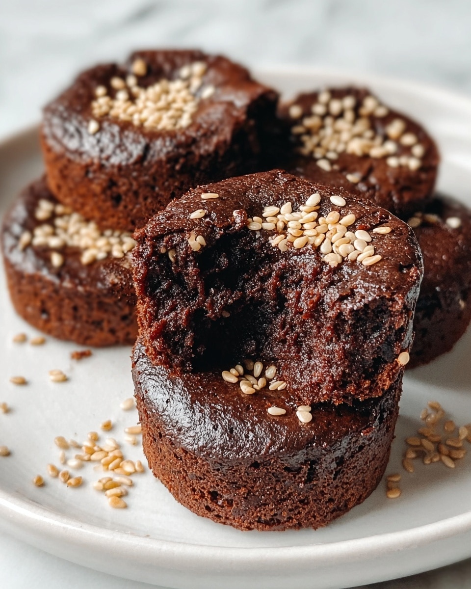 The image shows four small, round, dark brown chocolate brownies on a white plate, each topped with light tan sesame seeds scattered unevenly. The front brownie is stacked on another brownie, showing a dense, moist interior with a bite taken out. The brownies have a cracked, shiny surface texture with some crumbly edges. The plate sits on a white marbled texture, and a few sesame seeds are scattered around the plate. photo taken with an iphone --ar 4:5 --v 7