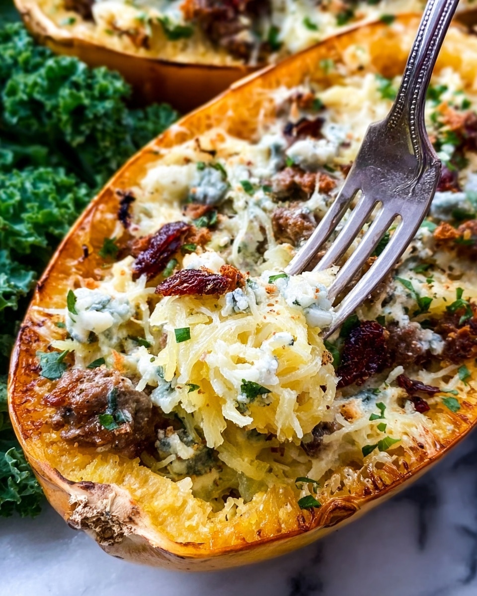 The image shows a roasted spaghetti squash boat filled with a mix of creamy white cheese and rice-like strands of yellow spaghetti squash, with scattered chunks of browned meat and bits of dark red dried tomatoes on top. There are also specks of green herbs and some small blue cheese pieces adding contrast. The squash shell is orange with a roasted edge, and a silver fork is lifting a portion of the filling. Fresh green kale surrounds the squash boats on a white marbled surface. photo taken with an iphone --ar 4:5 --v 7