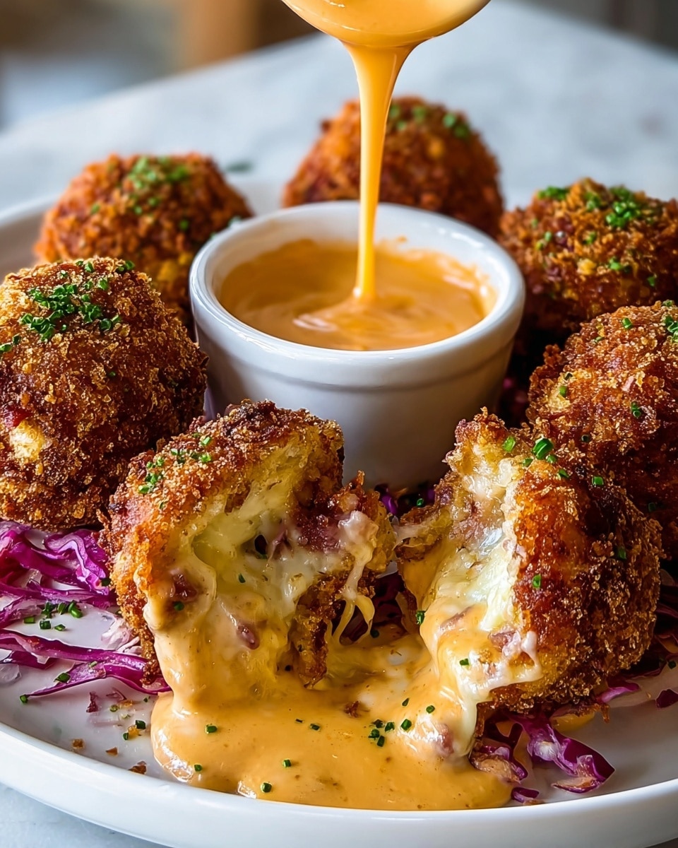 A white plate holds several golden brown fried balls with a crispy texture on the outside, each topped with small green chopped herbs. One ball is cut open, showing gooey melted white cheese mixed with bits of meat inside. An orange creamy sauce is being drizzled from above, dripping down the cut ball and pooling on the plate around it. Beneath the balls is a thin layer of shredded purple and white cabbage. In the center of the plate is a small white bowl filled with the same orange sauce. The background is a white marbled texture. photo taken with an iphone --ar 4:5 --v 7