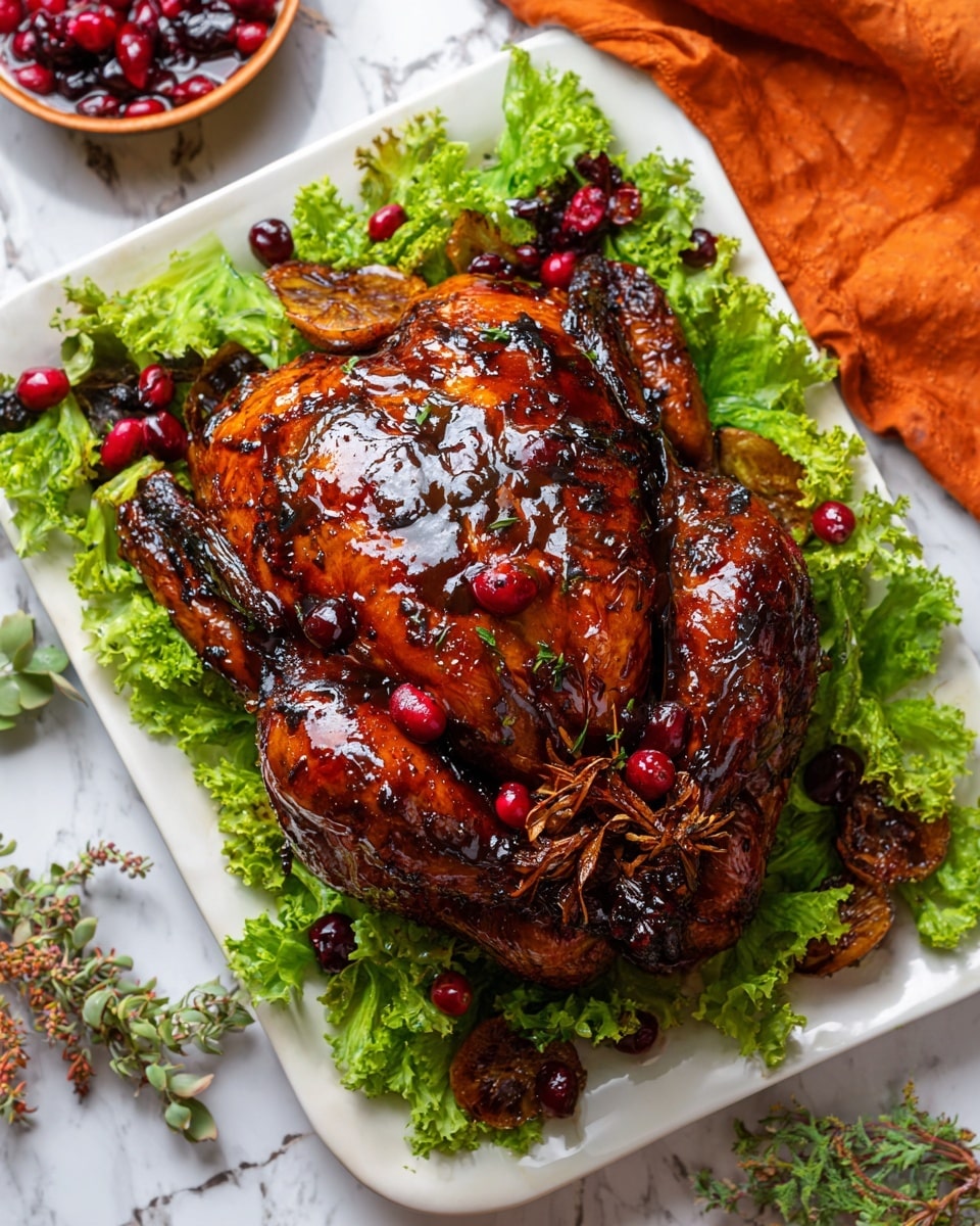 A whole roasted chicken with a shiny, dark brown glazed skin sits at the center of a white rectangular platter. The chicken is tied at the legs and covered with a glossy sauce, sprinkled with bright red berries and small dark dried fruits. The chicken rests on a bed of fresh, curly green lettuce leaves forming a loose, leafy layer around it. Around the chicken, there are scattered berries and pieces of cooked fruit adding bright red and deep brown colors against the green lettuce and the white platter. The setting is on a white marbled surface with hints of an orange cloth and some scattered small plants around. Photo taken with an iphone --ar 4:5 --v 7