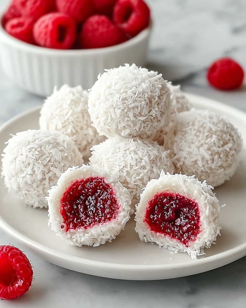 A white plate holds several round treats covered in shredded white coconut flakes. Each treat has a thin white outer layer and is rolled in the flaky coconut. Inside, they reveal a bright red, glossy raspberry filling that is juicy and textured with tiny seeds, shown clearly in the two cut-open treats at the front of the plate. In the background, a white bowl filled with fresh red raspberries sits on a white marbled surface, along with a single whole raspberry near the plate. The scene is clear and bright, focusing closely on the texture and colors of the sweets and fruit. photo taken with an iphone --ar 4:5 --v 7