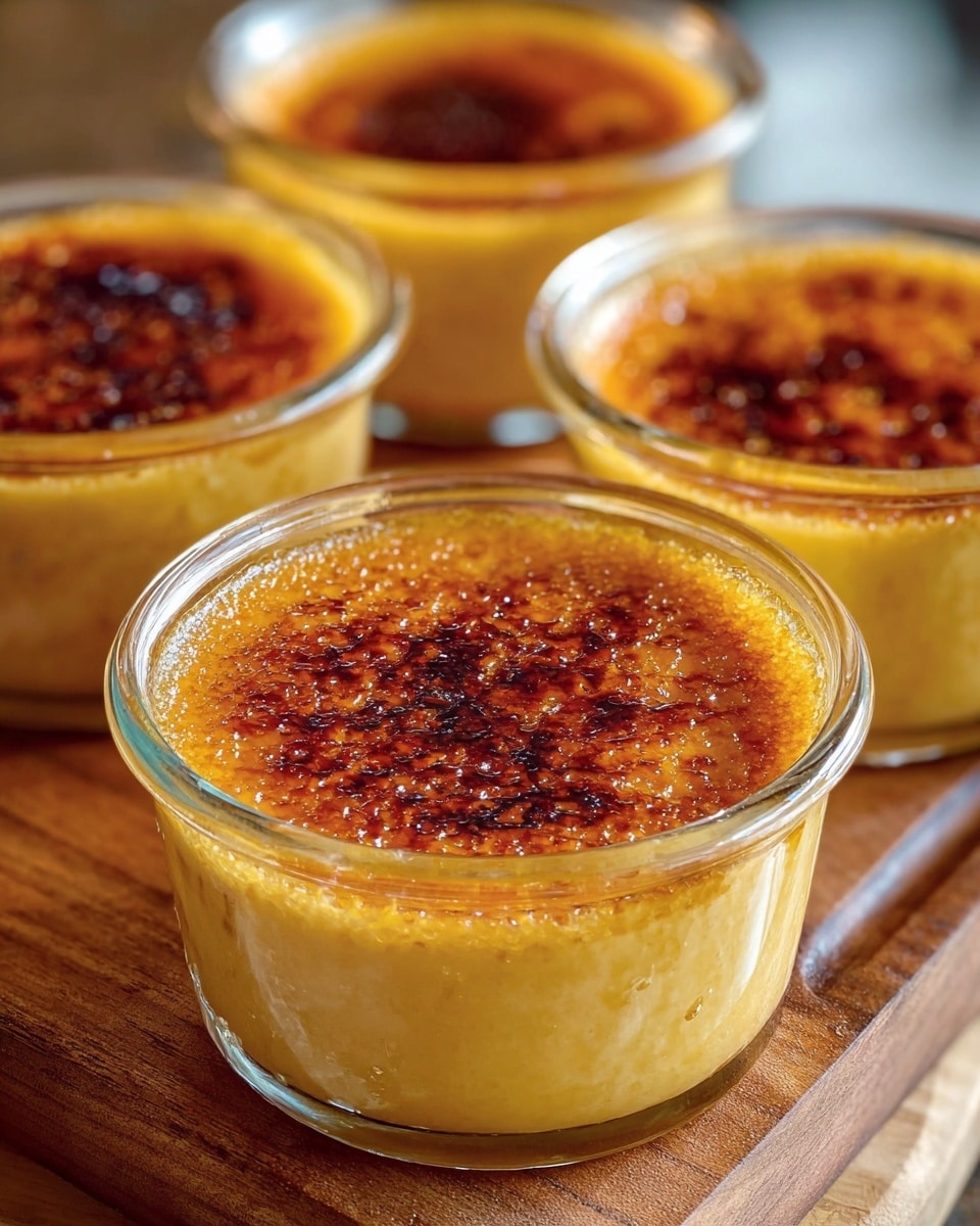 The image shows four small clear glass ramekins filled with a creamy, golden-yellow custard dessert. Each ramekin has a thin top layer of caramelized sugar that is browned and slightly bubbly, creating a crisp, glossy surface. The custard underneath appears smooth and dense, with a soft texture. The ramekins are placed on a wooden board, and the background is softly blurred, emphasizing the rich color and texture of the dessert. photo taken with an iphone --ar 4:5 --v 7
