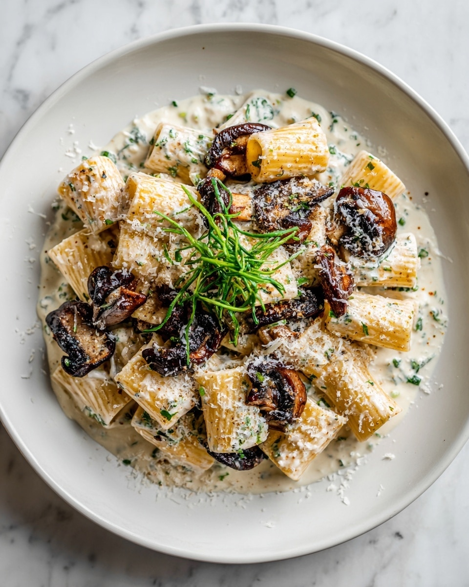 A white bowl filled with rigatoni pasta coated in a creamy sauce mixed with chopped herbs, with slices of sautéed brown mushrooms spread throughout. On top, there is a mound of freshly grated light yellow cheese with three small sprigs of green parsley placed for garnish. A silver fork rests on the right side inside the bowl. The bowl sits on a white marbled surface. photo taken with an iphone --ar 4:5 --v 7