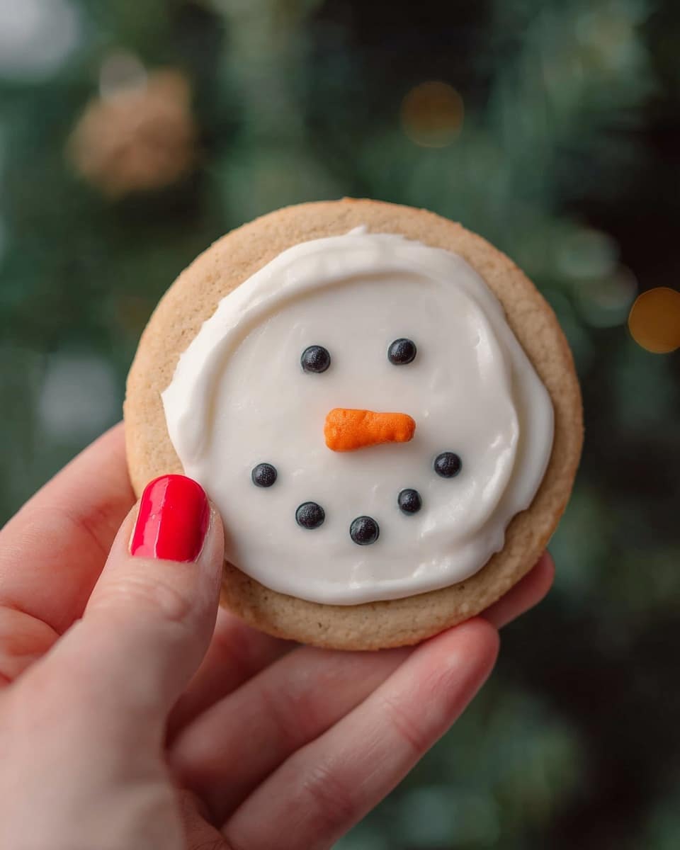A round cookie with a light brown base is held by a woman's hand with red nail polish against a green blurred background. The cookie has one layer of white icing smoothly spread on top, shaped like a snowman’s head. On the white icing, there are five small details made from colored icing: two black dots for eyes near the top center, one orange dot shaped like a small carrot nose to the left below the eyes, a curved black smile under the nose, and two black buttons near the bottom of the icing. The white icing is thick and smooth with small rounded edges. Photo taken with an iphone --ar 4:5 --v 7