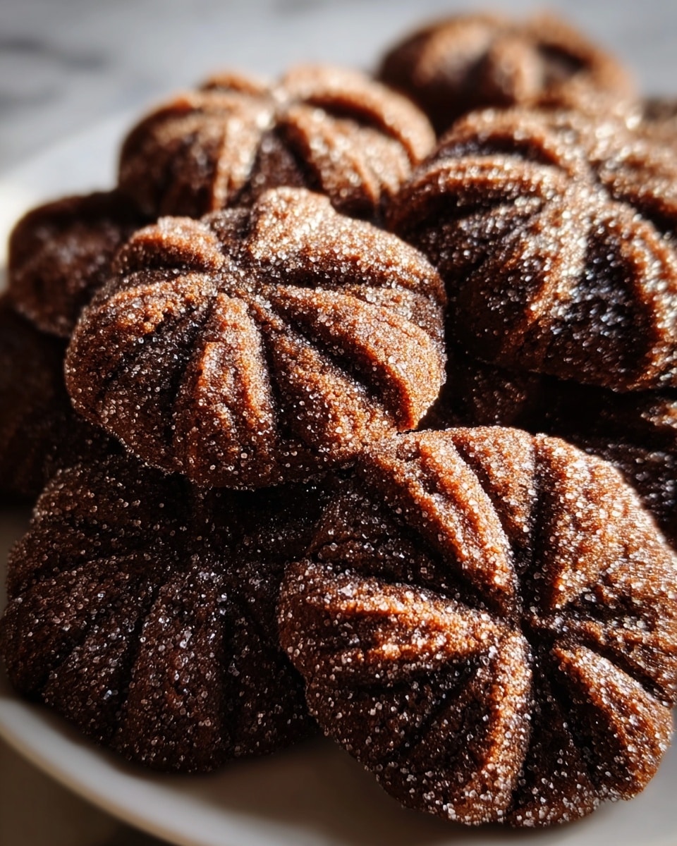 The image shows a close-up of a pile of dark brown cookies covered in a layer of sparkling sugar crystals, which create a glittery effect over the cracked and uneven surfaces. Each cookie has a radially segmented pattern on top, with deep grooves dividing the soft, textured dough into sections. The warm light shines on the sugar, making the crystals shine brightly and giving the cookies a fresh, crispy look. The cookies are stacked closely together on a white plate, set on a white marbled surface. photo taken with an iphone --ar 4:5 --v 7