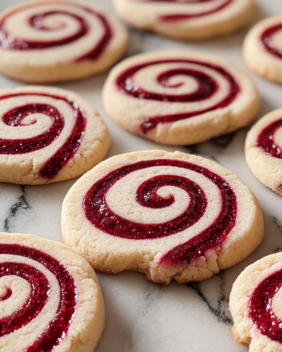 The image shows several round swirl cookies arranged on a white marbled surface. Each cookie has two layers: the base layer is a light beige, soft-looking cookie dough with a slightly cracked texture along the edges, while the top layer forms a smooth, glossy, deep red swirl pattern that spirals from the center outward. The cookies are closely spaced in rows, with the swirl pattern sharply contrasting against the pale dough, creating an eye-catching design. photo taken with an iphone --ar 4:5 --v 7