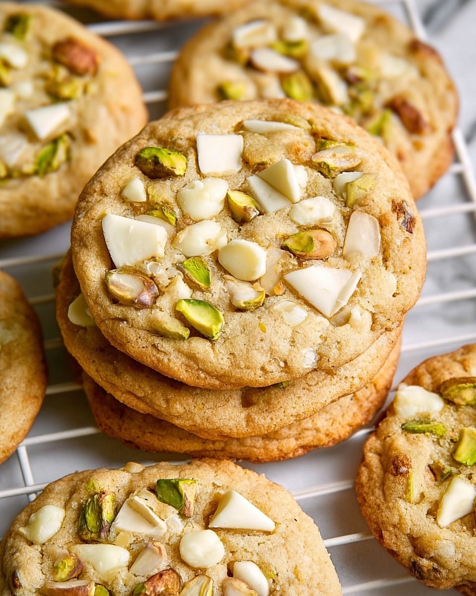 The image shows a close-up of six freshly baked cookies with a golden-brown edge and a softer, lighter center. Each cookie is topped with large pieces of nuts and white chocolate chunks that are scattered unevenly across the surface. The nuts vary in color, ranging from green pistachios to light brown almonds, adding texture and contrast to the smooth, creamy white chocolate. The cookies rest on a black metal cooling rack placed over a white marbled texture, creating a bright and clean background that highlights the warm tones of the cookies. The photo is taken with an iphone --ar 4:5 --v 7