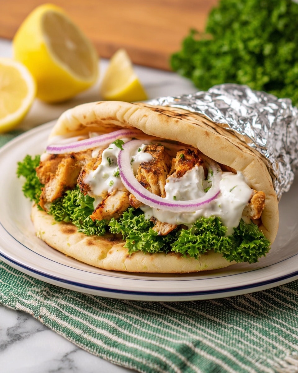 A wrapped chicken sandwich with three visible layers: a base layer of green curly lettuce, topped with slices of red onion, then golden-brown grilled chicken pieces, all covered by a thick white creamy sauce. The sandwich is wrapped partially in a light brown flatbread and a shiny piece of foil on the top side. It sits on a white plate with a thin blue rim, next to a small bunch of curly parsley and a lemon wedge on a white marbled surface with a green and white cloth underneath. Photo taken with an iphone --ar 4:5 --v 7