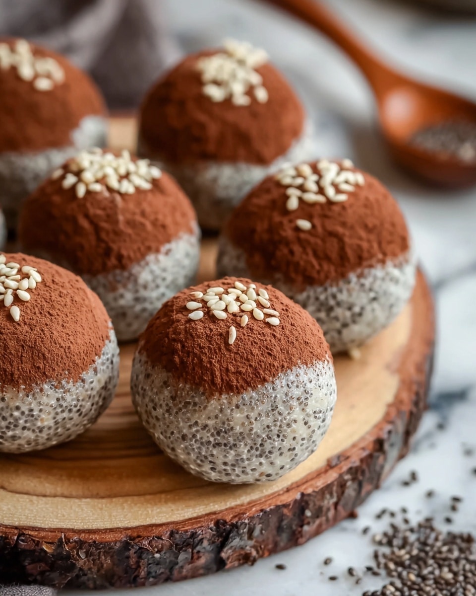 A close-up of several round chia seed pudding balls, each ball having a bottom layer of white chia seeds soaked in a gel-like translucent liquid and a top layer dusted with rich brown cocoa powder. The chia seeds create a speckled texture on the lower half, while the cocoa powder provides a smooth, matte finish on the upper half. Each ball is finished with a small sprinkle of pale, flat sesame seeds on top. They are placed closely together on a round wooden board with rough bark edges, and the background shows some blurred similar balls and a wooden spoon, all set on a white marbled surface. photo taken with an iphone --ar 4:5 --v 7