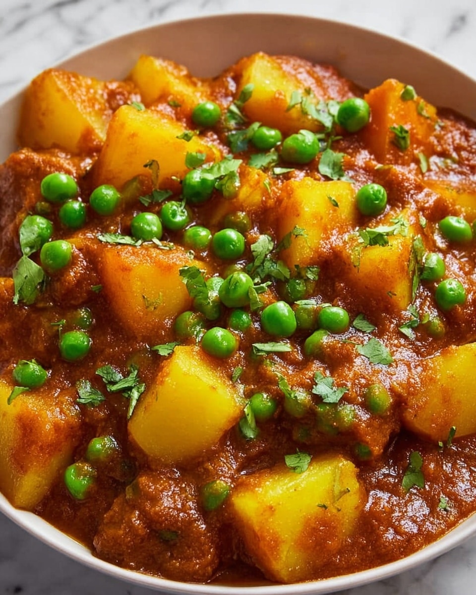 The image shows a close-up of a thick stew with three layers: large light yellow potato chunks as the base, covered by a rich, reddish-brown sauce with a smooth, slightly chunky texture, and topped with bright green peas scattered evenly and small green herb leaves, likely cilantro, adding freshness. The dish is presented on a white marbled surface. photo taken with an iphone --ar 4:5 --v 7