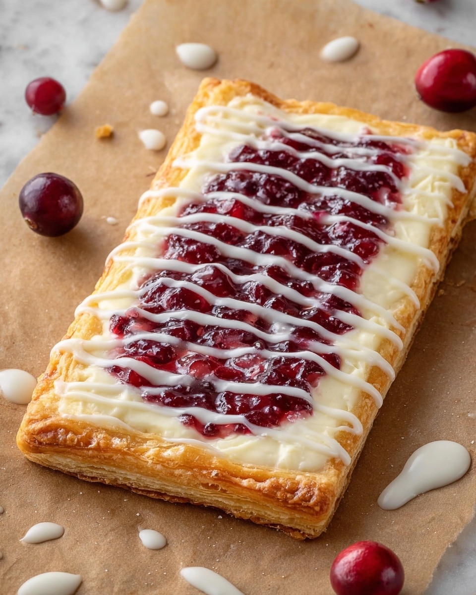 A rectangular pastry with a golden-brown puffed crust as the base, topped with a smooth white cream cheese layer spread evenly, then covered with a thick, deep red cranberries jelly layer in the center, drizzled with white icing in thin diagonal lines over the top; the pastry rests on brown parchment paper with some white icing drops scattered around and a whole fresh cranberry near the top right corner, all displayed on a white marbled texture. photo taken with an iphone --ar 4:5 --v 7