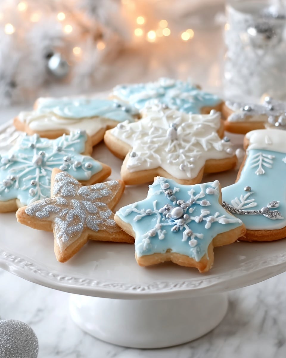 A white plate with a raised edge holds about ten Christmas cookies in different shapes: stars, snowflakes, and stockings. The cookies have a golden-brown base with smooth icing in pale blue and white colors. Each cookie is decorated with either silver glitter, shiny silver balls, or white icing lines creating patterns like snowflake arms and holly leaves. The icing layers are thick and neatly spread, making the cookies look soft. The background is a white marbled surface with soft lights and blurred festive decorations. Photo taken with an iphone --ar 4:5 --v 7
