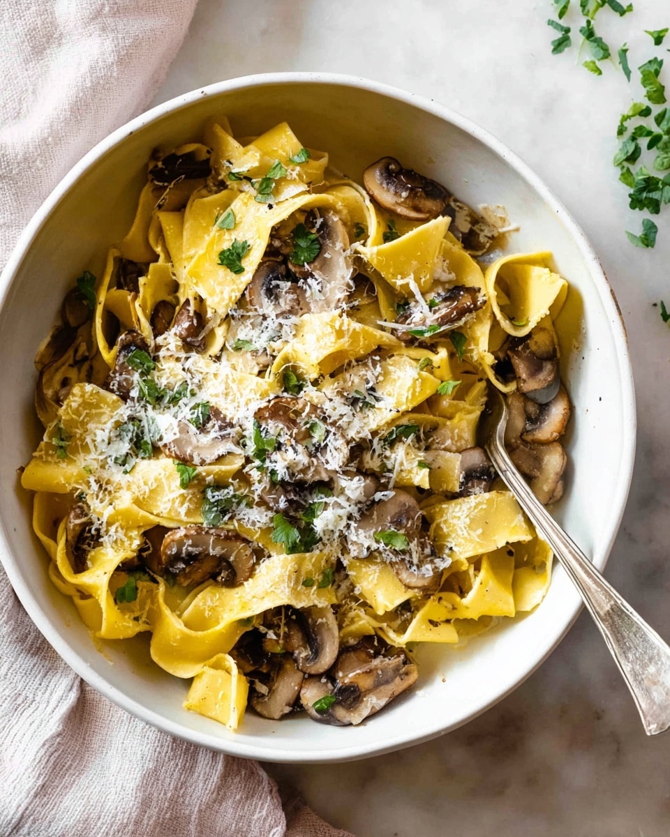 A white round bowl filled with wide, flat, yellow pasta ribbons layered loosely with browned sliced mushrooms scattered throughout. The top is covered with light, fluffy white grated cheese and a few green herb leaves placed as garnish. A silver fork rests inside the bowl on the right side, partially on the pasta. The bowl is set on a white marbled surface with a light cloth nearby and some green herbs slightly visible at the top right edge. photo taken with an iphone --ar 4:5 --v 7