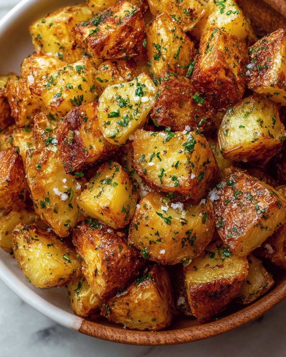 A close-up view of a bowl filled with golden-brown roasted potato cubes, each piece showing a crispy, crunchy texture on the outside with a light yellow inside. The potatoes are sprinkled evenly with bright green chopped herbs and coarse salt crystals, highlighting their seasoning. The bowl is white and rests on a white marbled surface, adding subtle light tones to the warm colors of the potatoes. The overall image focuses on the layers of crispy skin and soft flesh of the potatoes, making them look fresh and delicious. photo taken with an iphone --ar 4:5 --v 7