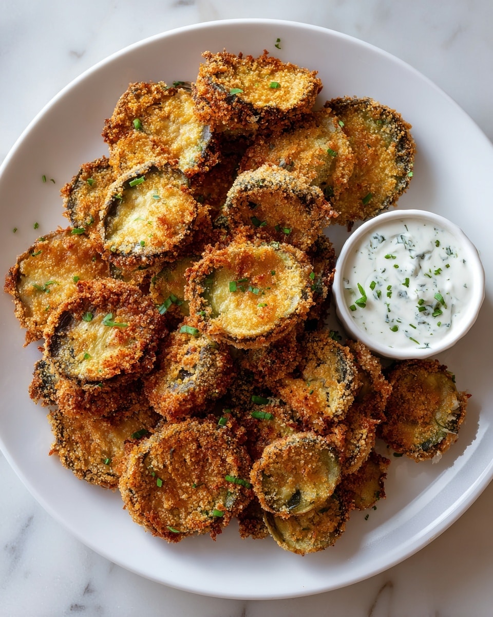 A white plate is filled with one layer of golden-brown crispy fried mushroom slices that have a rough, crunchy texture from the breading. The mushroom caps show slightly darker edges, and some pieces have a lighter inner color visible where they are sliced. Small green herb bits are scattered over the mushrooms, adding a fresh touch. On the top right of the plate, a small white ceramic ramekin holds creamy white ranch dip mixed with tiny green herb pieces. The whole scene is set against a white marbled surface. photo taken with an iphone --ar 4:5 --v 7