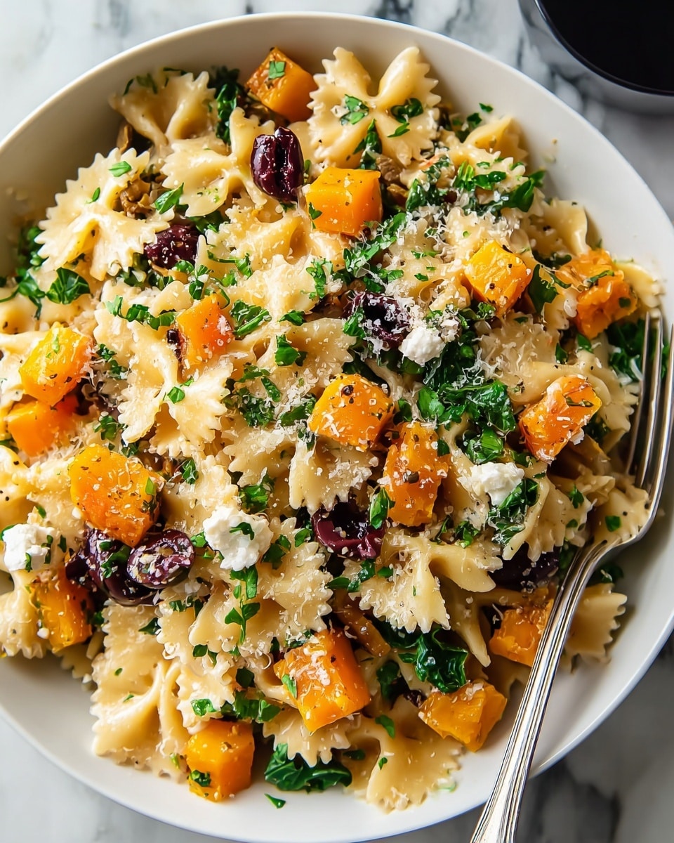 The dish shows a white bowl filled with farfalle pasta, mixed with bright orange roasted butternut squash cubes, dark purple olives, small white cheese chunks, and fresh green leafy herbs scattered throughout. The pasta's soft ridged texture contrasts with the smooth squash and olives, while a light sprinkling of grated cheese dusts the top. A silver fork rests on the rim of the bowl, which sits on a white marbled surface. photo taken with an iphone --ar 4:5 --v 7