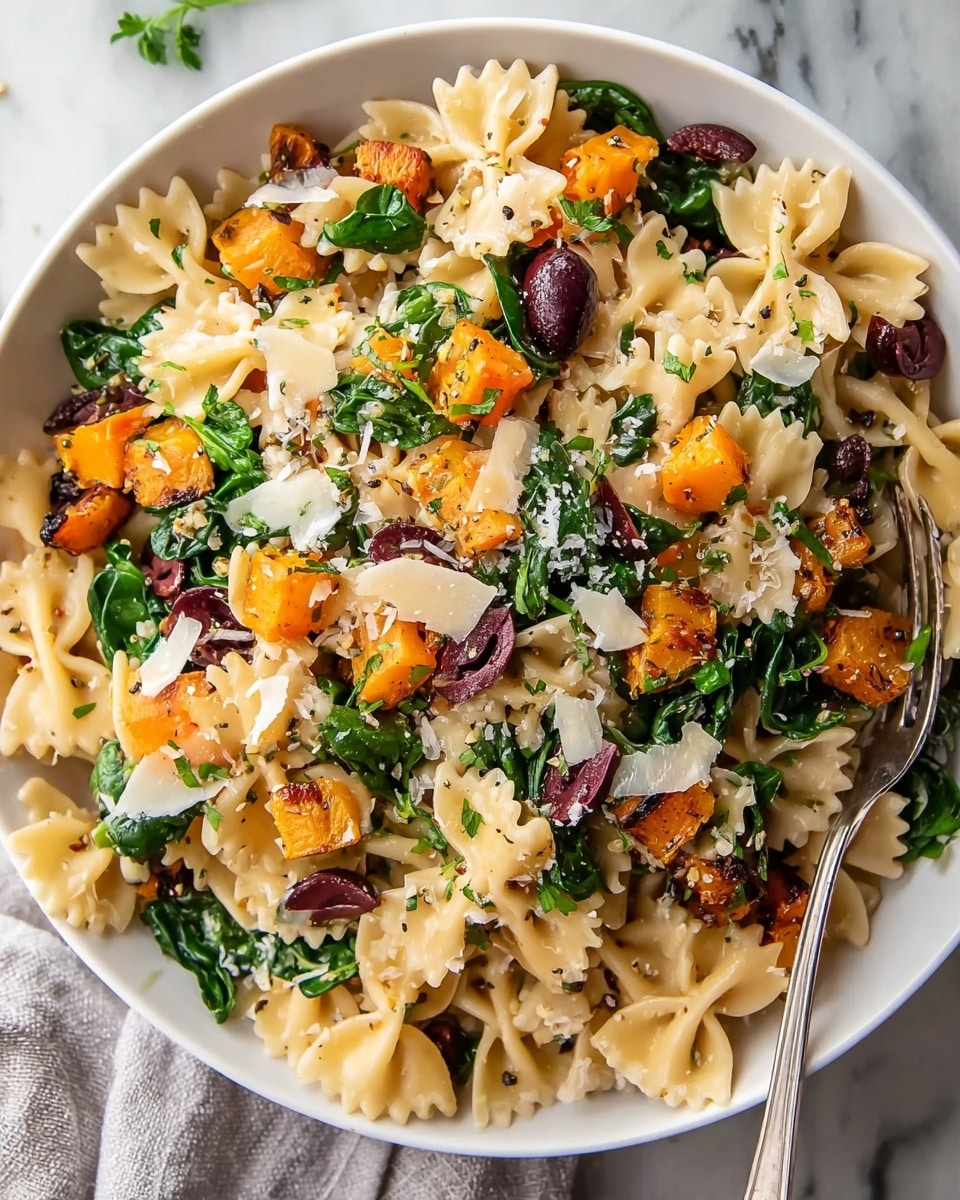 A close-up view of a white shallow bowl filled with a colorful pasta salad, showing about three layers: the base layer of light beige farfalle pasta with a smooth texture, mixed evenly with dark green leafy spinach scattered throughout; the middle layer consists of bright orange roasted butternut squash cubes and small charred brownish roasted vegetables, adding a rich texture; the top layer includes several dark purple olives, white chunks of cheese, and a light sprinkle of grated cheese all over. A silver fork rests on the right side inside the bowl. The bowl is placed on a white marbled surface with a light grey cloth partially visible on the left side. Photo taken with an iphone --ar 4:5 --v 7