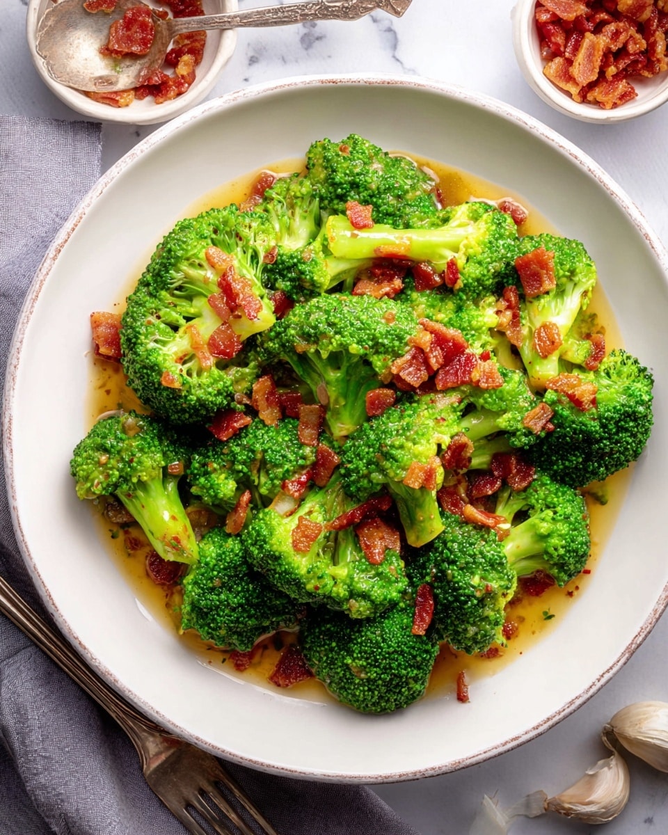 The image shows a white plate filled with bright green broccoli florets coated in a glossy light brown sauce, scattered with small pieces of crispy, reddish-brown bacon on top. The broccoli pieces are fresh and textured with small stalks visible underneath. The sauce pools slightly at the bottom of the plate, giving a shiny wet look. The plate rests on a white marbled surface with a soft light gray cloth partially visible in the background. To the side, there is a small white bowl filled with extra bacon pieces and some scattered garlic cloves and broccoli florets near the bottom right. A vintage silver fork sits in the lower left corner near the plate. photo taken with an iphone --ar 4:5 --v 7