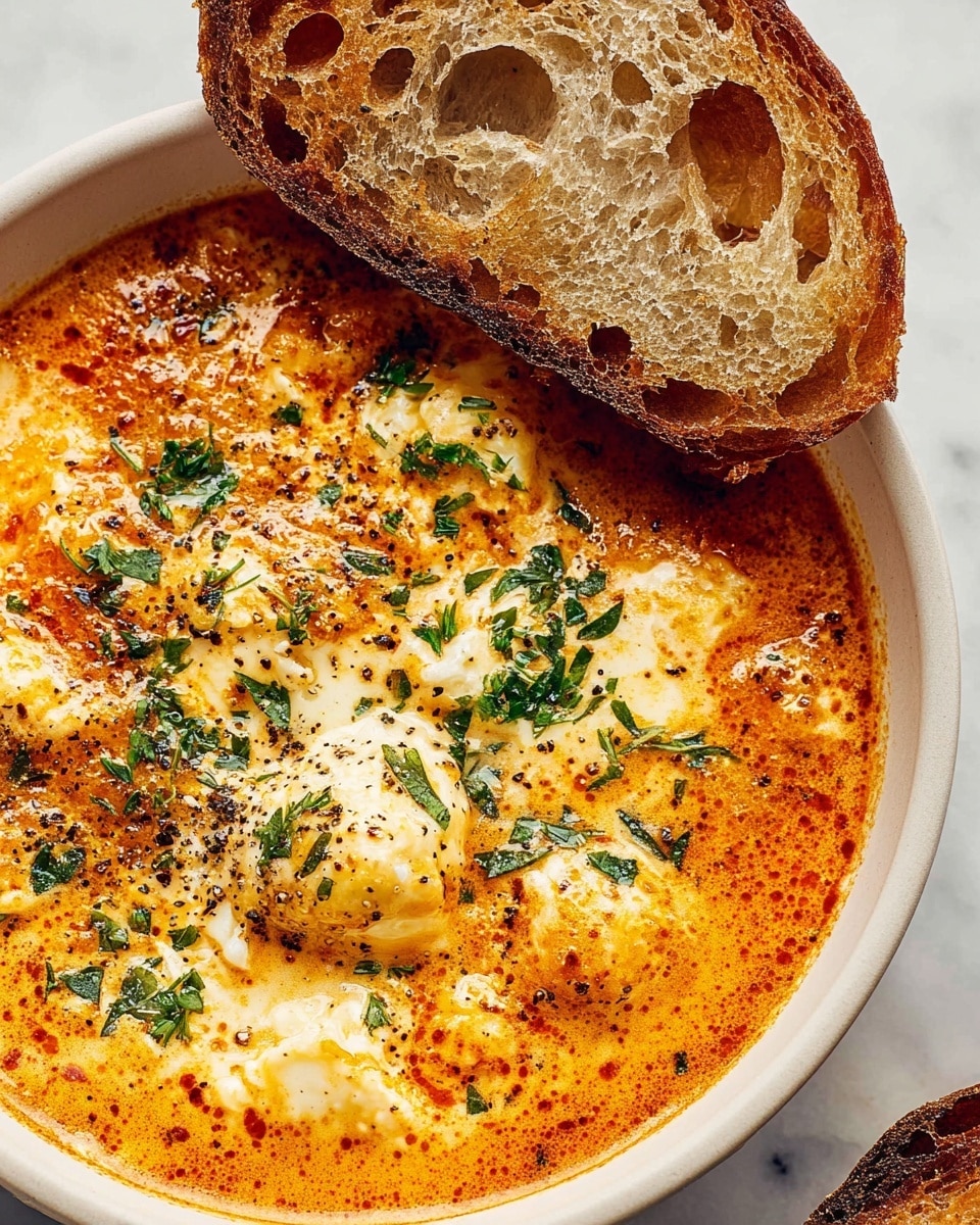A white bowl filled with a rich, creamy orange soup that has a slightly bubbly and oily surface texture. The soup contains soft melted cheese curds visible through the orange broth and is topped with finely chopped fresh green herbs and a sprinkling of black pepper. Resting on the edge of the bowl is a toasted slice of rustic bread with a golden brown crust and a holey, airy crumb. The bowl sits on a white marbled surface. photo taken with an iphone --ar 4:5 --v 7
