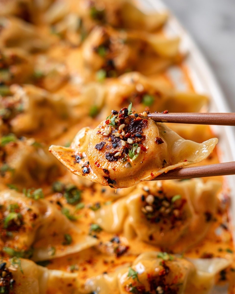 A close-up image shows a dumpling lifted by a woman's hand holding wooden chopsticks. The dumpling has a light golden brown, slightly crispy texture with visible char marks, covered in a creamy orange sauce with a glossy finish. On top, it is garnished with crushed black chili and sesame seeds with hints of green herbs sprinkled across. In the background, a white plate holds multiple similar dumplings also covered in the same sauce and garnished with herbs and chili, all set on a white marbled surface. photo taken with an iphone --ar 4:5 --v 7