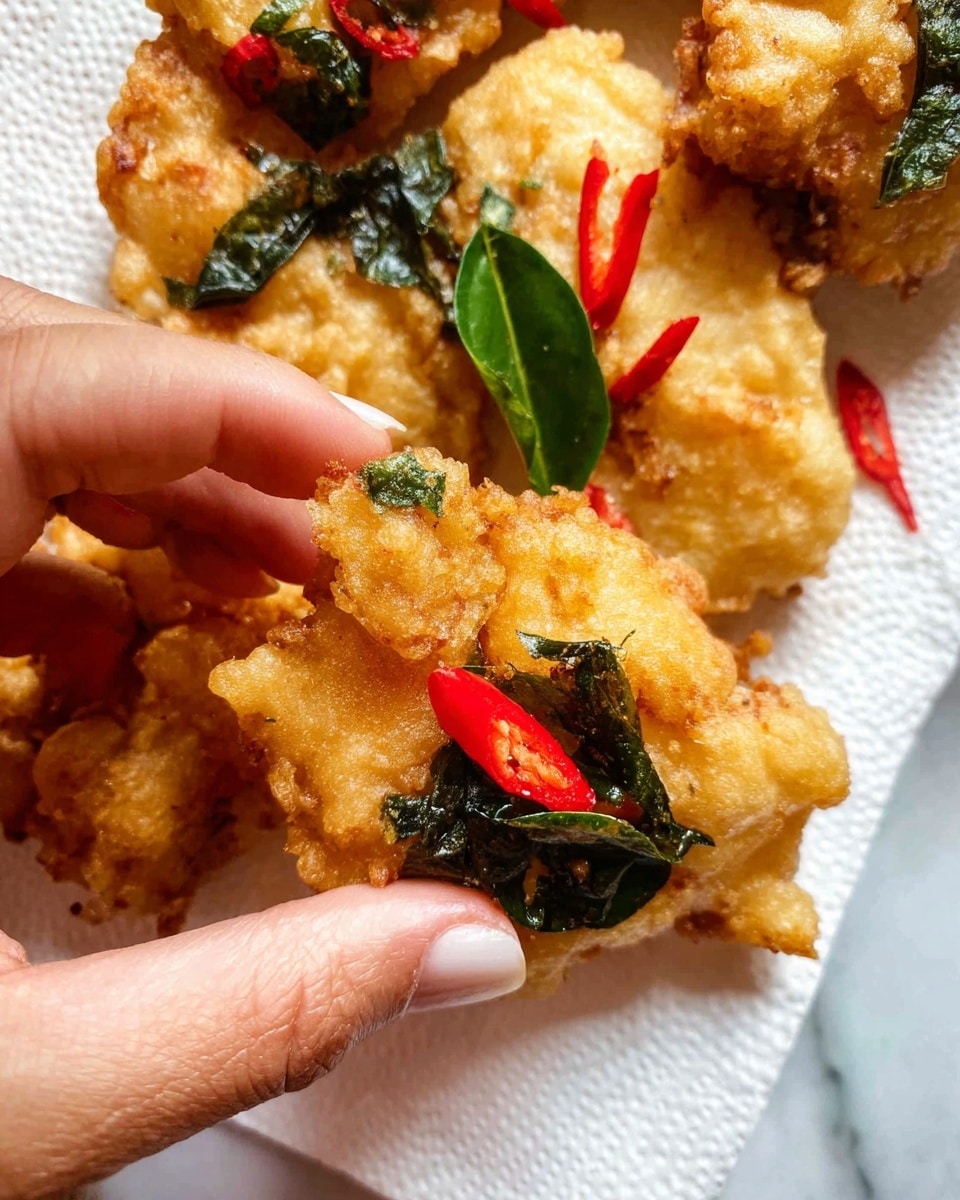A close-up of crispy golden fried calamari pieces piled on a white paper towel, showing a crunchy texture with small bubbles and ridges on the batter. Scattered on and around the calamari are dark green fried basil leaves and thin strips of bright red chili. The colors highlight the pale yellow of the fried batter with fresh green and red accents on a white marbled surface. photo taken with an iphone --ar 4:5 --v 7