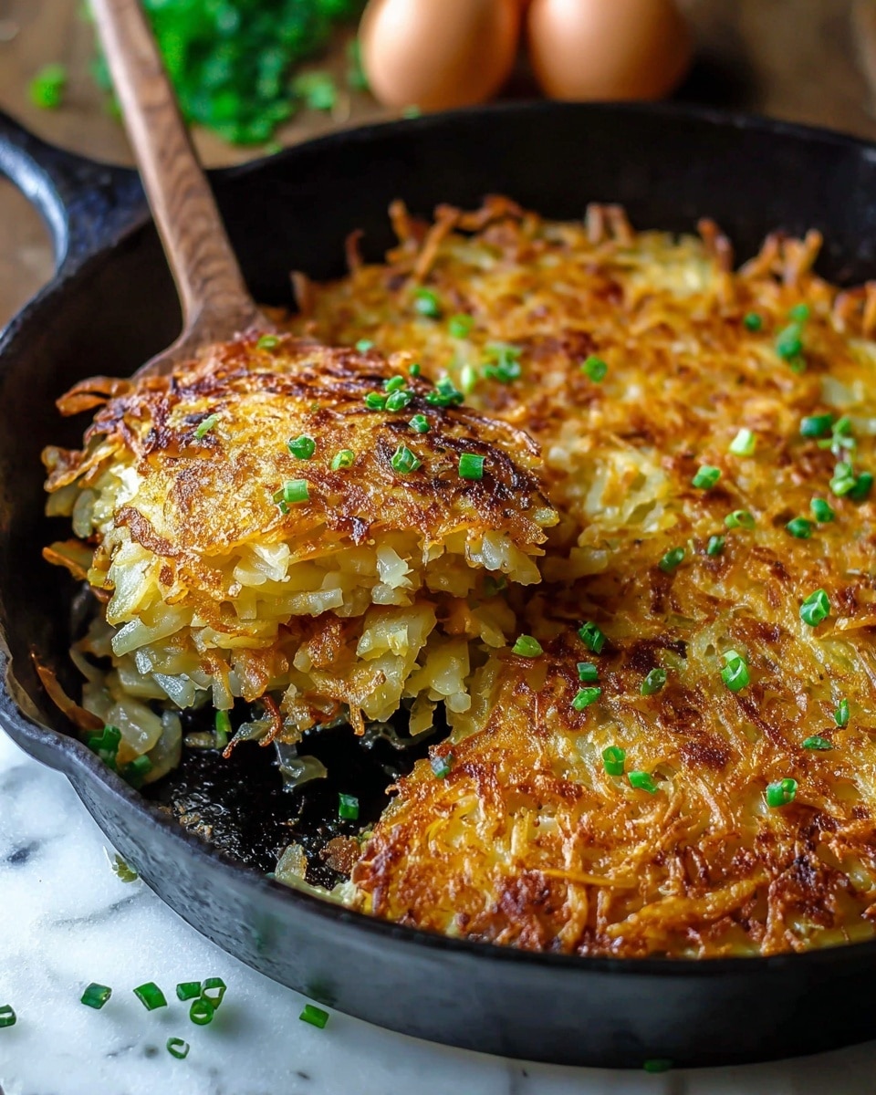 A black cast iron skillet filled with crispy, golden-brown potato pancakes layered with shredded potatoes and fried onions. The top layer shows a crunchy, slightly burnt texture with small green chives scattered all over. A wooden-handled spatula scoops up one pancake, revealing a soft, creamy potato inside mixed with translucent golden-brown fried onions. The skillet sits on a white marbled surface with blurred eggs and greens in the background. photo taken with an iphone --ar 4:5 --v 7