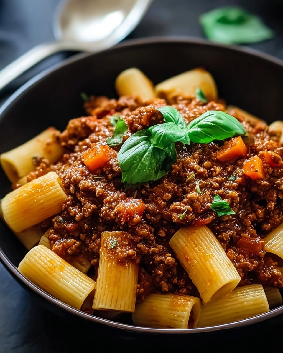 A close-up image of a black bowl filled with rigatoni pasta covered in a rich, thick brown meat sauce with visible small lentils and diced orange carrots. The sauce is chunky and textured, sitting on top and mixed throughout the pasta. On top of the sauce, there is a small garnish of bright green basil leaves. The bowl is placed on a white marbled surface, and a blurred silver spoon is visible resting inside the bowl. photo taken with an iphone --ar 4:5 --v 7