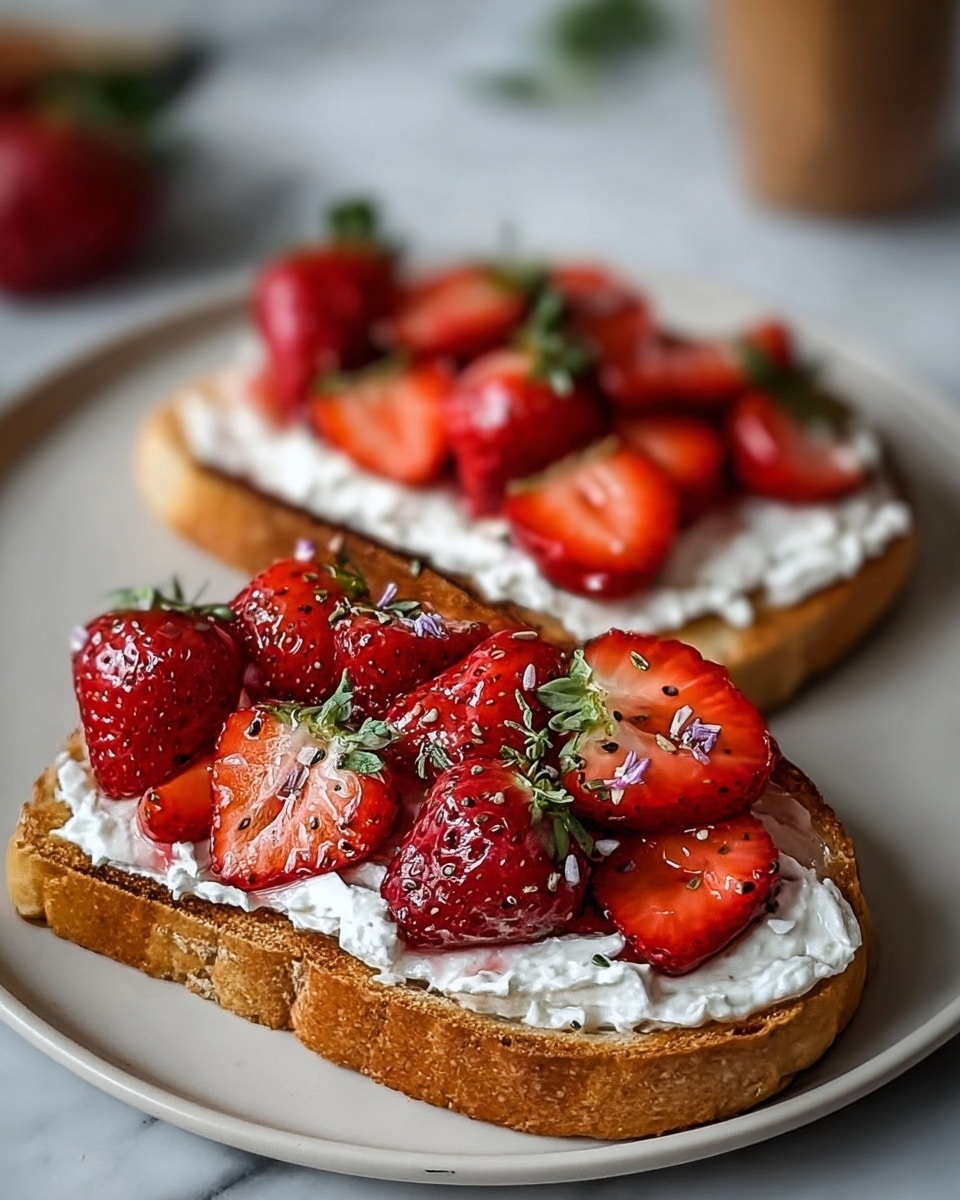Two slices of toasted bread sit on a white plate, each topped with a thick layer of white, creamy cottage cheese. On top, there is a generous pile of fresh strawberries, some whole with green leaves, others sliced showing their bright red color and juicy texture. The strawberries have a shiny glaze, giving them a fresh, juicy look. There are small black seeds sprinkled over everything, adding texture and contrast. The background is a white marbled surface, softly blurred to keep the focus on the toast. photo taken with an iphone --ar 4:5 --v 7