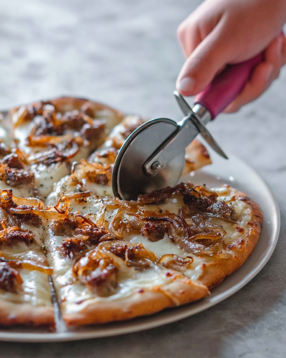 A close-up view of a pizza being sliced with a metal pizza cutter held by a person's hand with a pink handle. The pizza has a thin brown crust at the bottom layer, topped with a white layer of melted cheese. On top of the cheese, there is a layer of browned caramelized onions and browned pieces of sausage scattered evenly. The pizza is placed on a white plate, set on a white marbled surface. Photo taken with an iphone --ar 4:5 --v 7