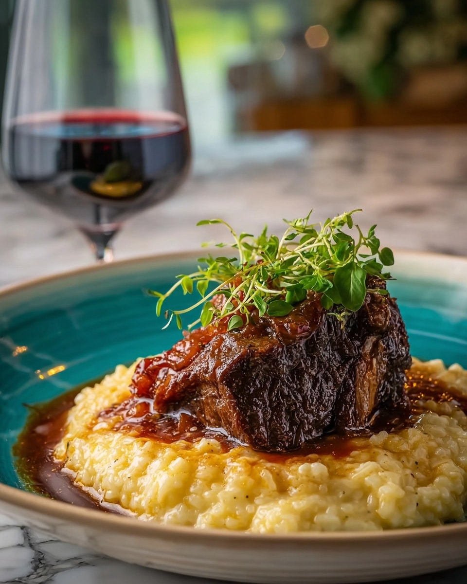 A piece of dark brown cooked meat with a glossy, slightly textured surface sits on top of a thick, creamy risotto layer that is light yellow with a smooth, slightly lumpy texture. The meat is garnished with a small bunch of fresh green herbs, placed on its top center, and some reddish-brown sauce drizzled over the meat and pooling around the edges where it meets the risotto. The food is served on a white plate with a teal inner surface, set on a white marbled background. In the blurred background, there is a clear glass filled with dark red wine. photo taken with an iphone --ar 4:5 --v 7