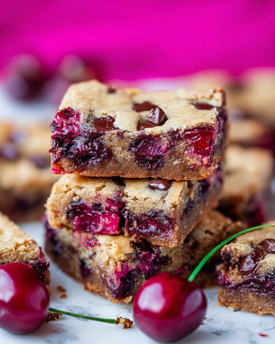The image shows a close-up view of a stack of cherry chocolate chip bars. The bars have three visible layers: a light brown top layer that looks soft and slightly crumbly, a middle layer with melted dark chocolate and deep red cherry pieces, and a bottom layer that is dense and moist with bits of cherries mixed in. The bars are cut into squares and stacked unevenly on a white marbled surface. In the foreground, there is a single shiny dark red cherry with its green stem still attached. Bright pink is visible in the blurry background, which brings out the rich colors of the bars. photo taken with an iphone --ar 4:5 --v 7